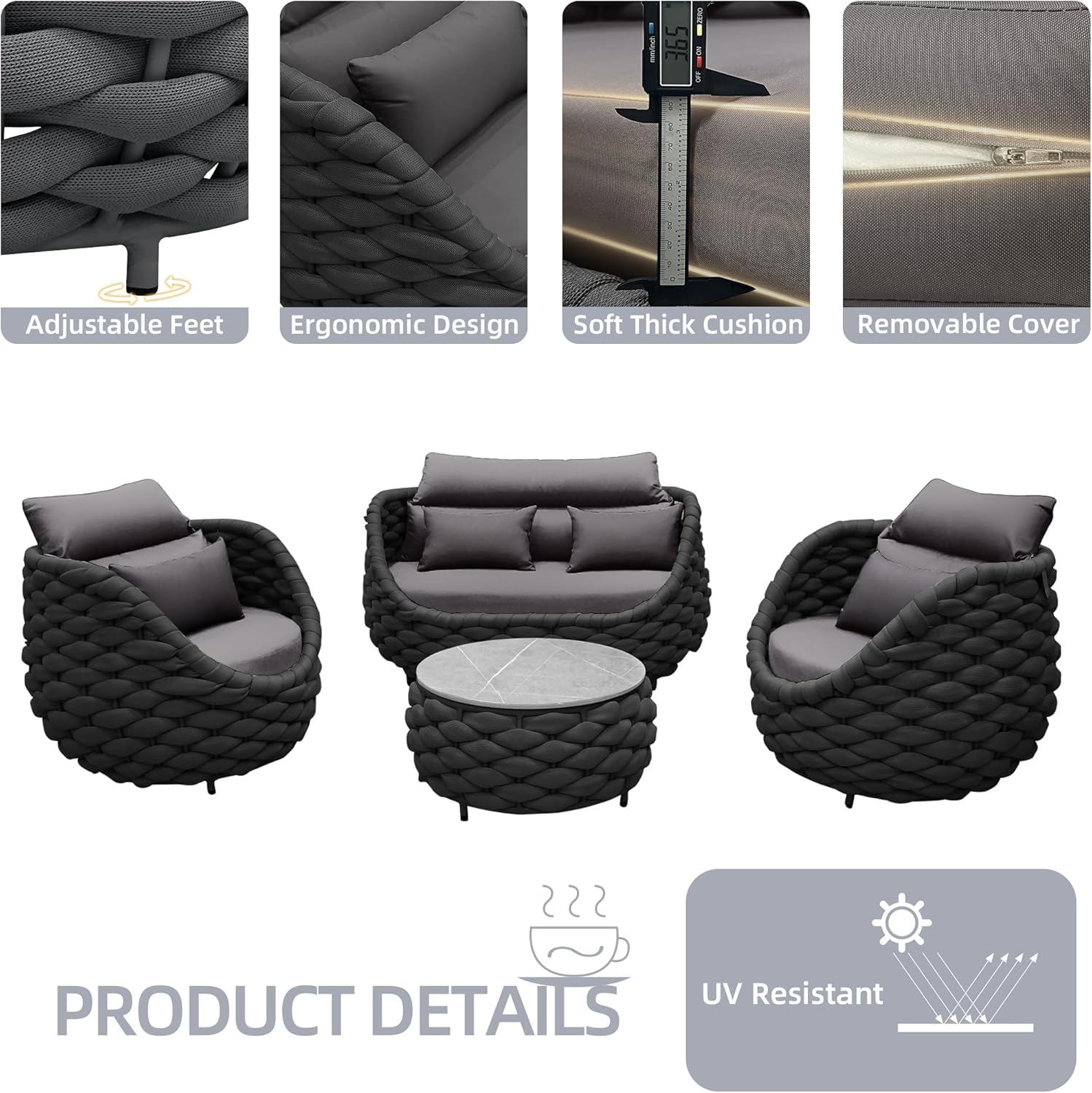 5 Pieces Patio Furniture Set, Outdoor Rope Conversation Sectional Patio Sofa with 5 Seater for Backyard, Porch, Modern Armchairs with Thickness Cushions and Side Table, Dark Grey