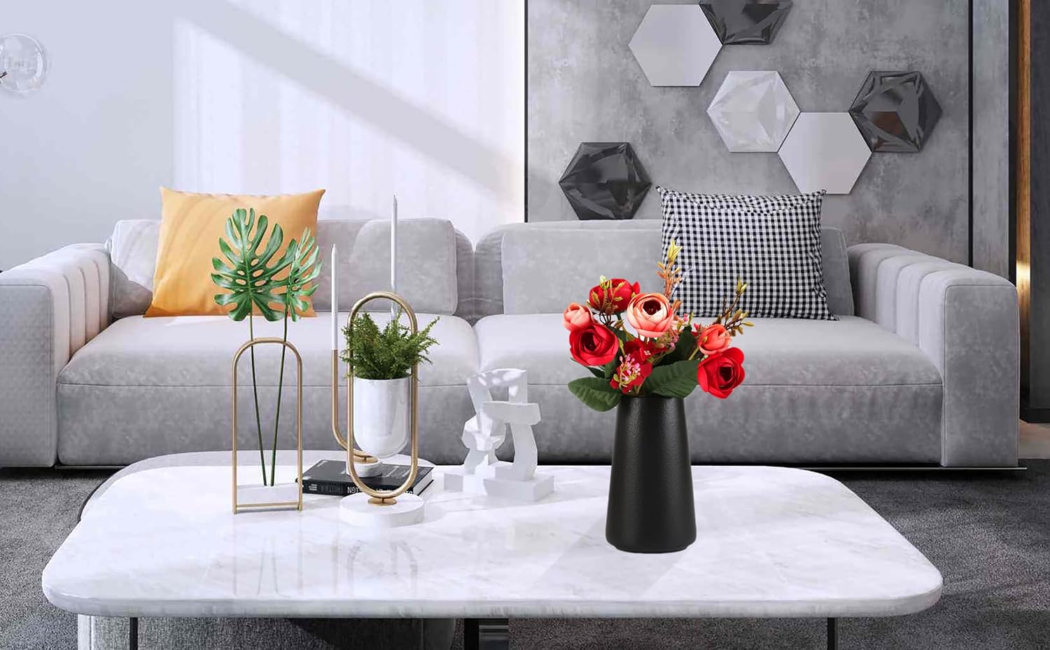 Simple Vase for Flowers Plants, Matte Vases for Modern Table Shelf Home Decor Wedding Boho Decor, 6" H Frosted Elegant Ceramic Vase for Pampas Grass Fluffy Stem Bouquet Lavender Flowers (Black, 2)