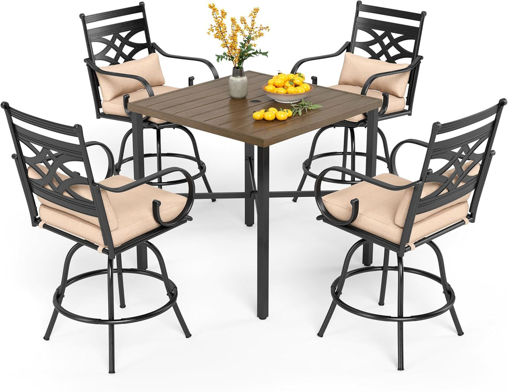 PHI VILLA 5 Pieces Patio Bar Set,Outdoor Bar Table and Chairs Set, Strong and Heavy Duty Outdoor Bar Set with Cushion and Pillow，4PCS Swivel Bar Stools with Square Bar Height Table(Style B)