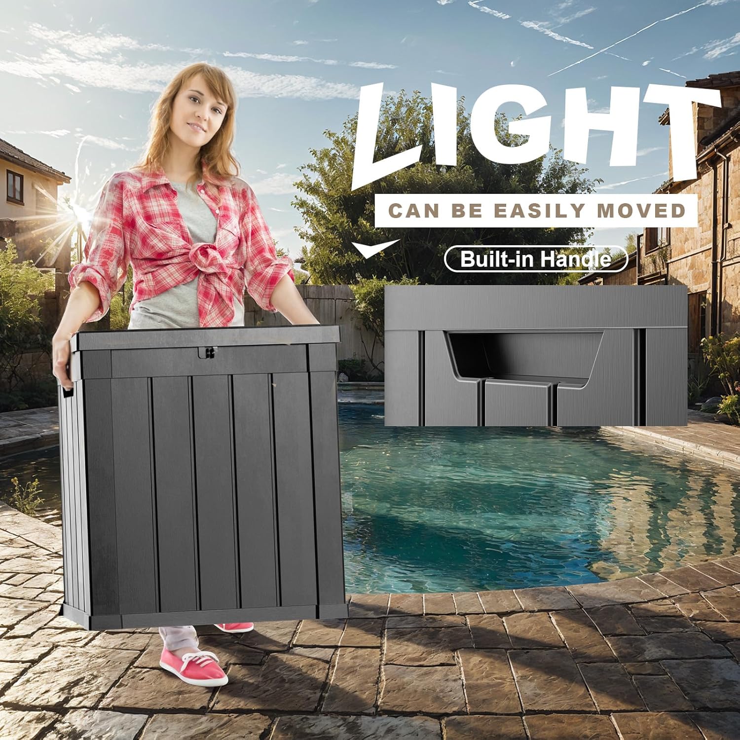 51 Gallon Resin Deck Box, Lockable Patio Outdoor Storage Box for Furniture, Garden Tools and Tools Storage, Waterproof Outside Storage Boxes - Black