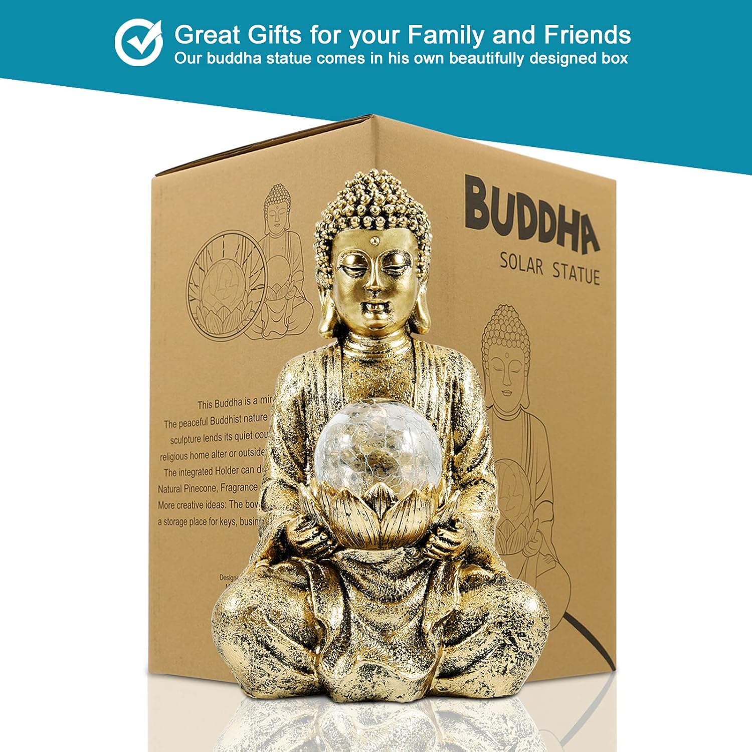 Nacome Meditating Buddha Statue with Solar Light,Zen Solar Garden Buddha with Cracked Glass Ball Sculpture-Indoor/Outdoor Decor for Balcony,Garden,Patio,Porch Yard Art Ornament,10.5 inch(Gold)