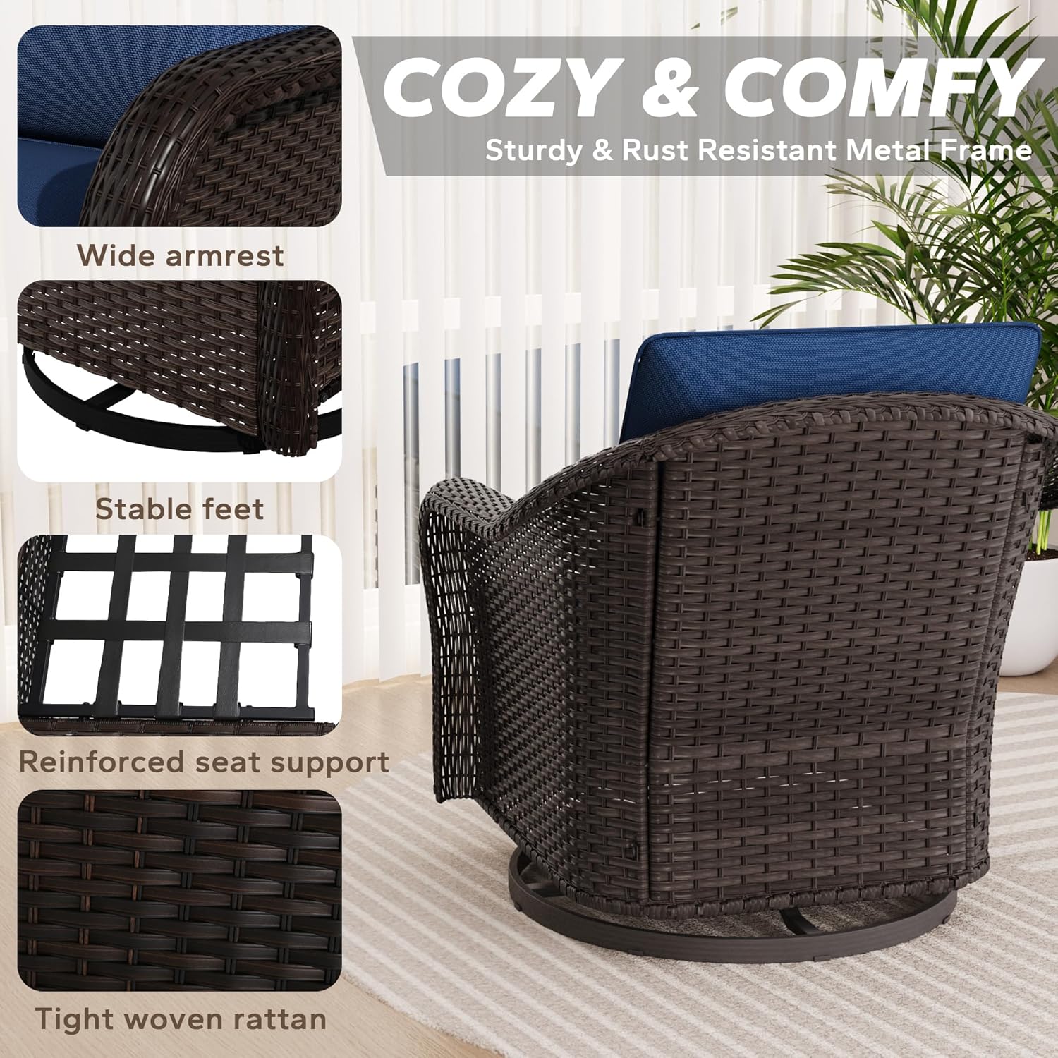 Outdoor Wicker 360 Degree Swivel Glider Rocker Chairs Set, Patio Conversation Furniture Set with Washable Cushions for Garden, Poolside (Navy Blue)
