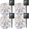 YEGUO White Solar Fairy Lights Outdoor Waterproof, 4 Pack Each 33ft 100 LED String Light, 8 Modes Silver Wire Twinkle Lights