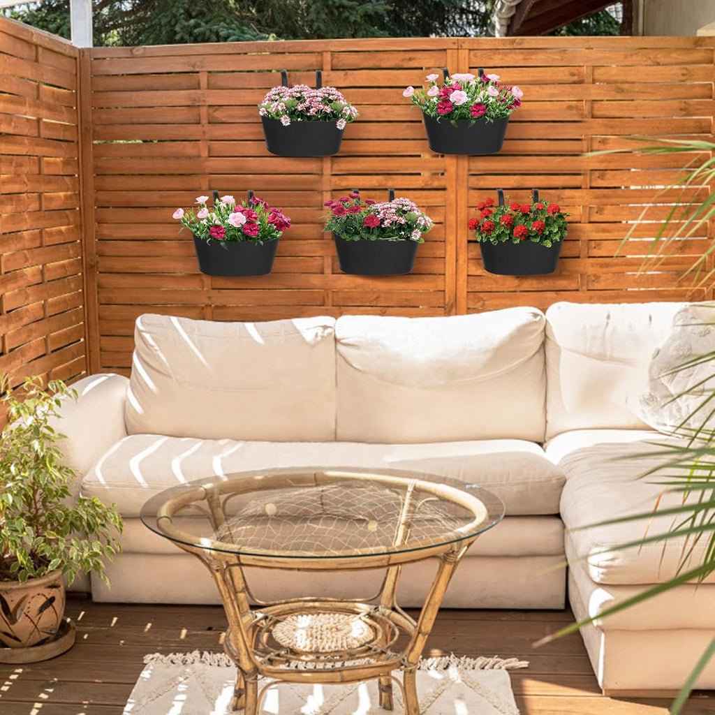 Mkono Metal Railing Planter Box 5 Pack Balcony Hanging Planter for Outdoor Plants with Detachable Hooks and Drain Holes Fence Planters for Any Balcony, Porch or Deck (5, Small)