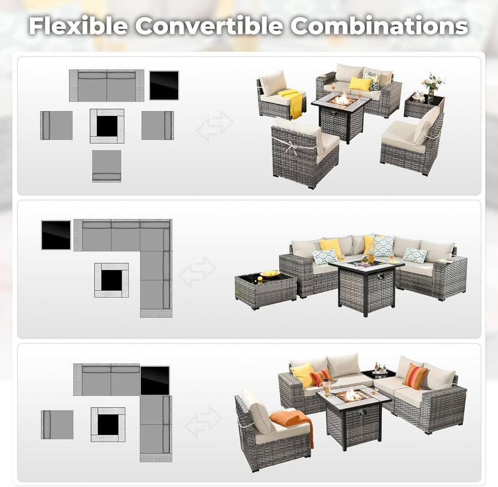 ovios 7 Pieces Patio Furniture Set, Outdoor Wicker Sectional Sofa with 30 Inch Fire Pit Table Comfy Cushions, Modern Modular Deep Seat Rattan Couch Conversation Set, Beige