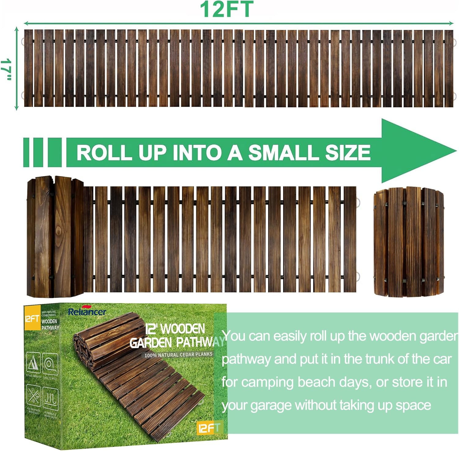 RELIANCER 12' Wooden Garden Pathway,Outdoor Roll Out Cedar Straight Walkway,Patio Path Decorative Garden Boardwalk Walkways,Weather-Resistant Roll Up Beach Wood Road Floor,Wedding Party Pathwaysc