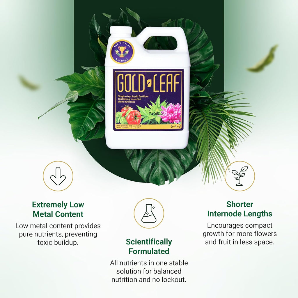 1 Gallon Gold Leaf All-in-One Liquid Fertilizer – pH Balanced, Instantly Dechlorinates, No Additives Needed – for Soil, Hydroponics & Coco – Bigger Blooms, Higher Yields, Complete Plant Nutrition