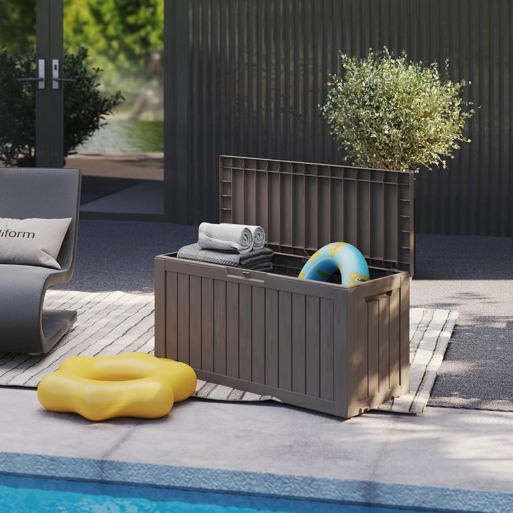 90 Gallon Lockable Resin Deck Box with Wheels, Waterproof & UV-Resistant Outdoor Storage Box for Outdoor Cushion Storage, Garden Tools & Pool Accessories Storage, Gray