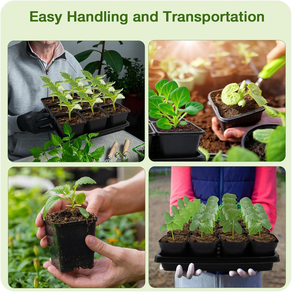 50Pcs 3.5inch Square Nursery Pots with 5Pcs Seed Starting Trays, Seed Starter Tray Kit, Seeds Starting Germination, Seeding Pots with Drain Holes, Small Plant Nursery Propagation
