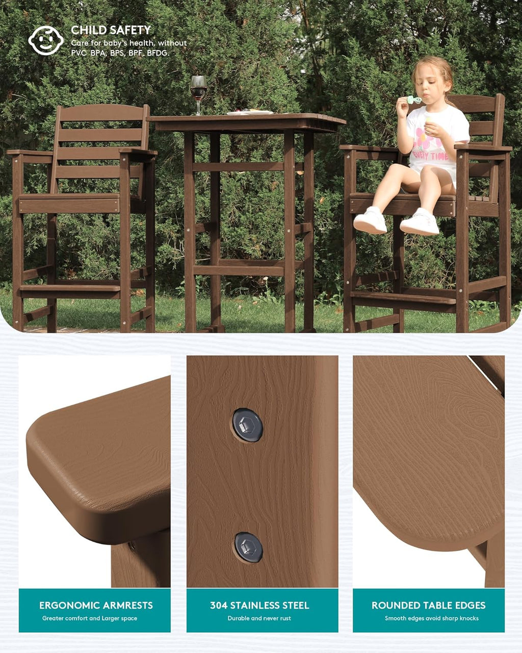 SERWALL Balcony Adirondack Chairs and Table 3 Pieces Set, Adirondack Bar Height Chairs Set of 2 and Bar Table, Outdoor Bar Stools Set for Bistro, Poolside, Backyard, Brown