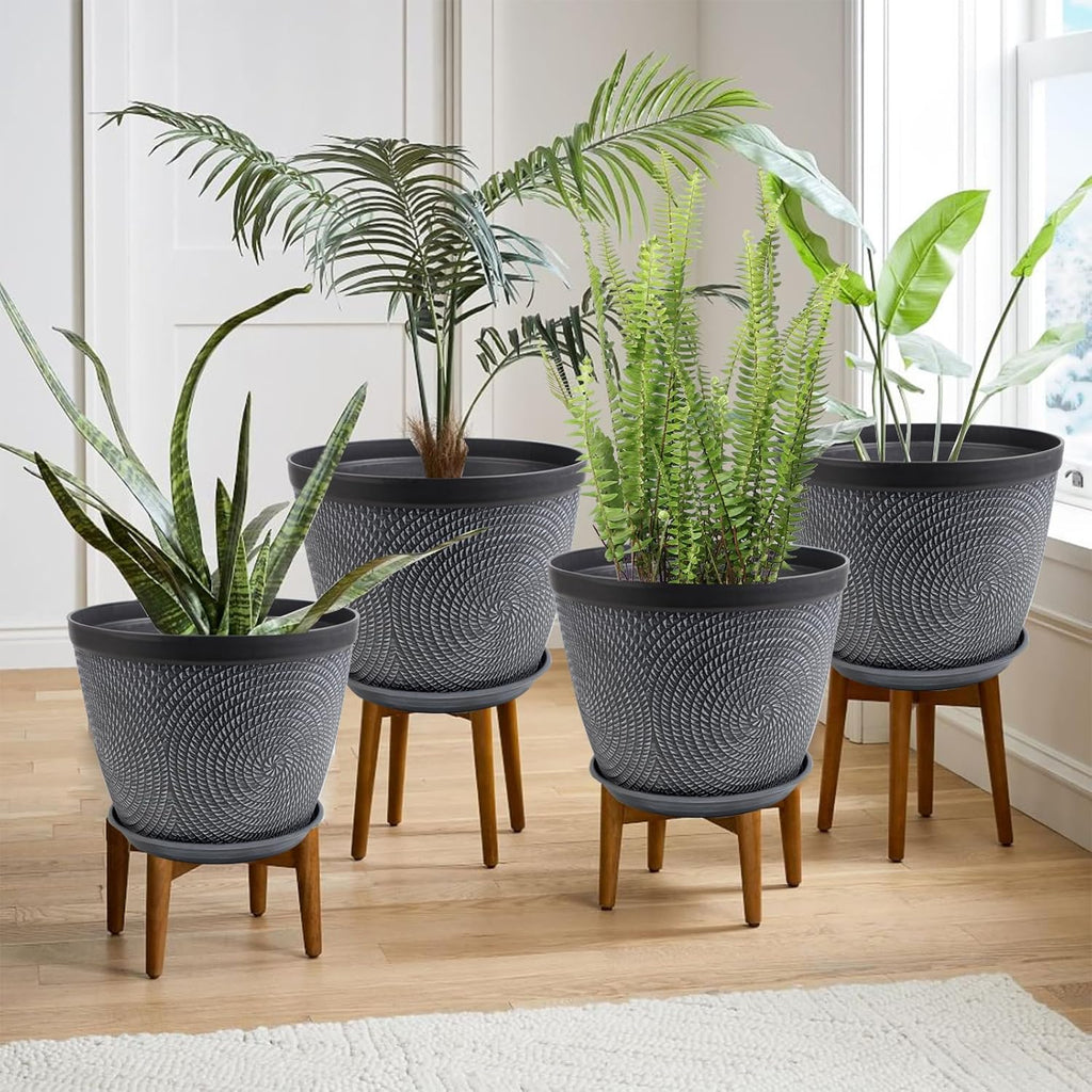 Quarut Large 12 Inch Plant Pot for Plants Outdoor Indoor, 4 Pack Plastic Flower Pots with Drainage Hole & Saucer, Modern Decorative Garden Pot with Saucer, Plant Container for House（Gray）