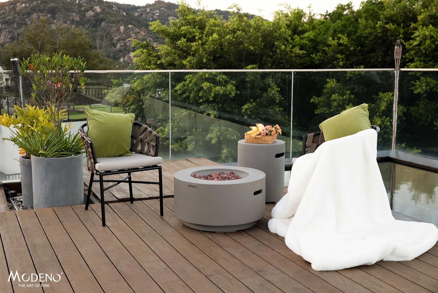 AMS Fireplace | Modeno Waterford Package | Light Gray Natural Gas Fire Pit Table for Outside Patio Bundle with Wind Guard, SS Burner Lid | Free Ice Bucket & Rubber Mat