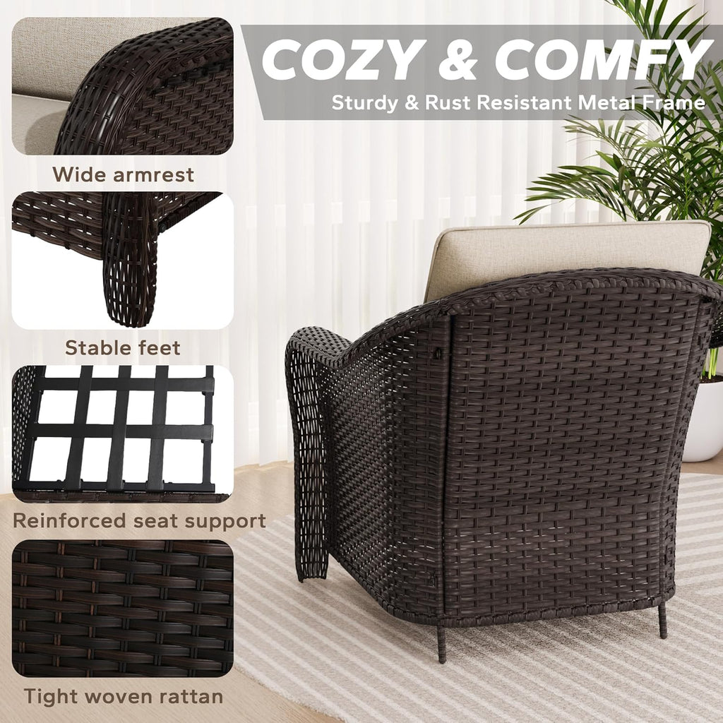 Patio PE Rattan Chairs Set of 2, All-Weather & Steel Frame Outdoor Conversation Furniture Set with Washable Cushions for Garden, Bistro, Deck, Yard (Beige)