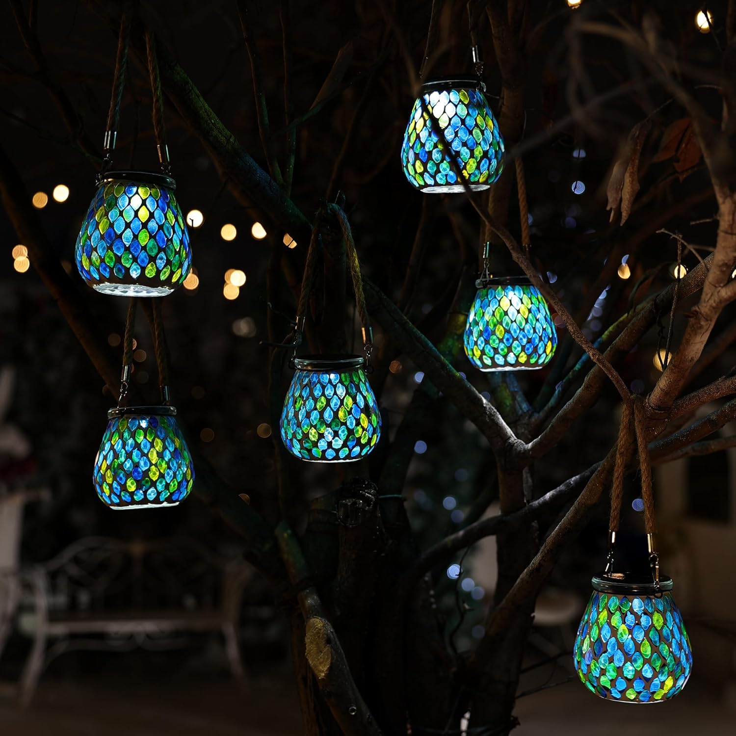 Cooo 2 Pack Mosaic Solar Lantern Outdoor Waterproof IP68 Hanging Projection Light Hidden Lid Pear-Shaped Lantern with Rope Handle Solar Powered Auto On for Patio Garden Fence Table - Azure Lattice