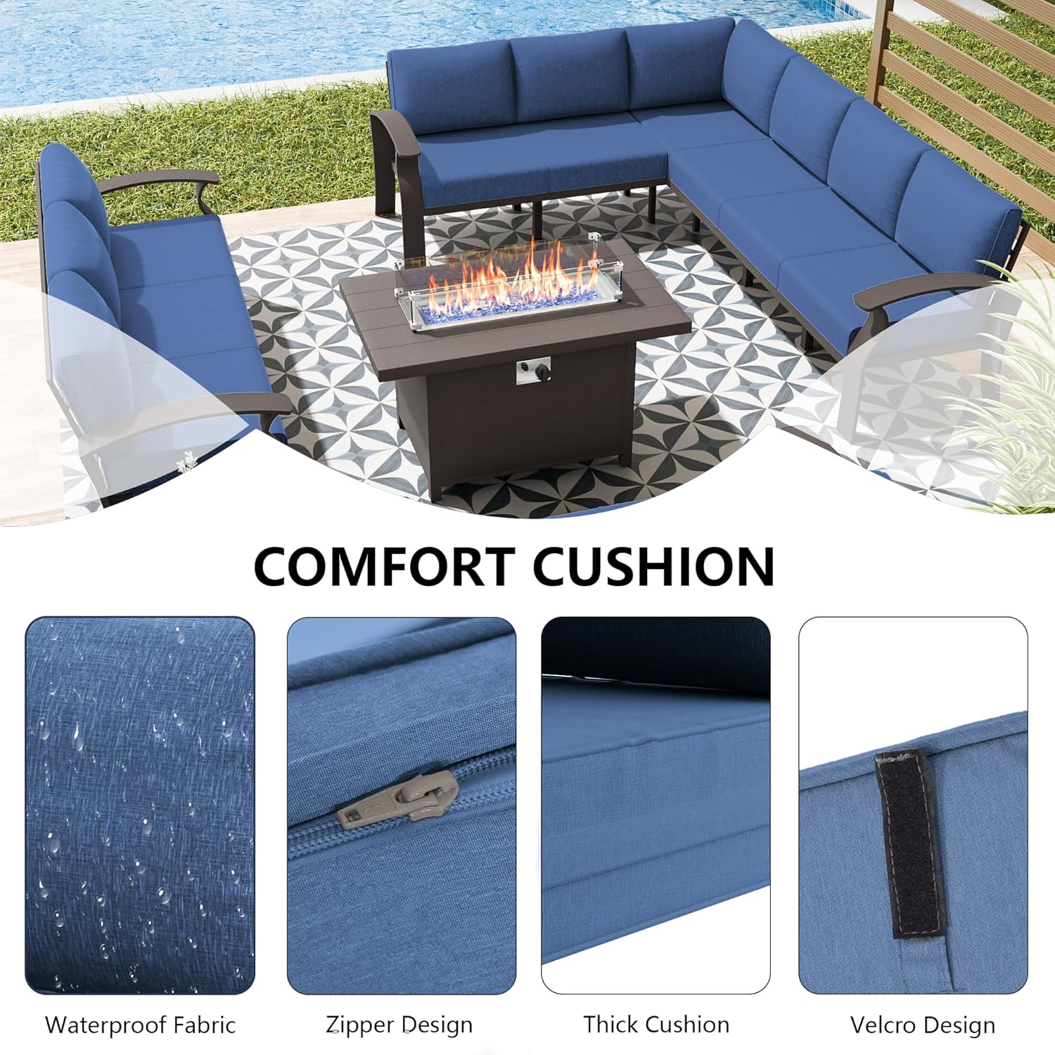 Aluminum Patio Furniture Set with Fire Pit Table, 11 Seats Outdoor Patio Conversation Set with Swivel Chair Modern Metal Patio Sectional Sofa with Coffee Table for Patio, Backyard(Navy Blue).
