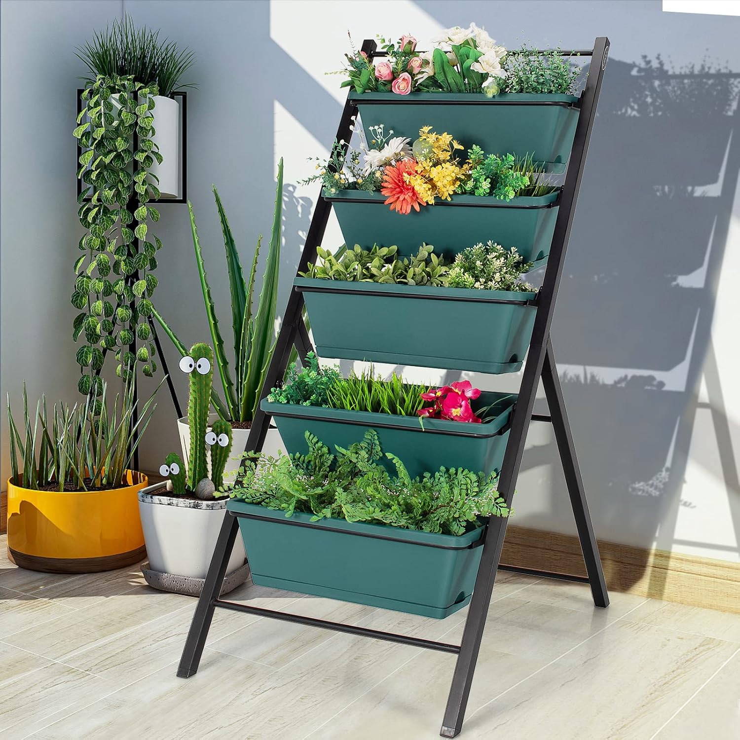 Giantex Vertical Planter Raised Bed, Elevated Garden Beds with Water Drainage Hole, Freestanding 5 Container Boxes for Herb Vegetables Flowers Growing, Outdoor Indoor Patio Balcony (Green, 1)