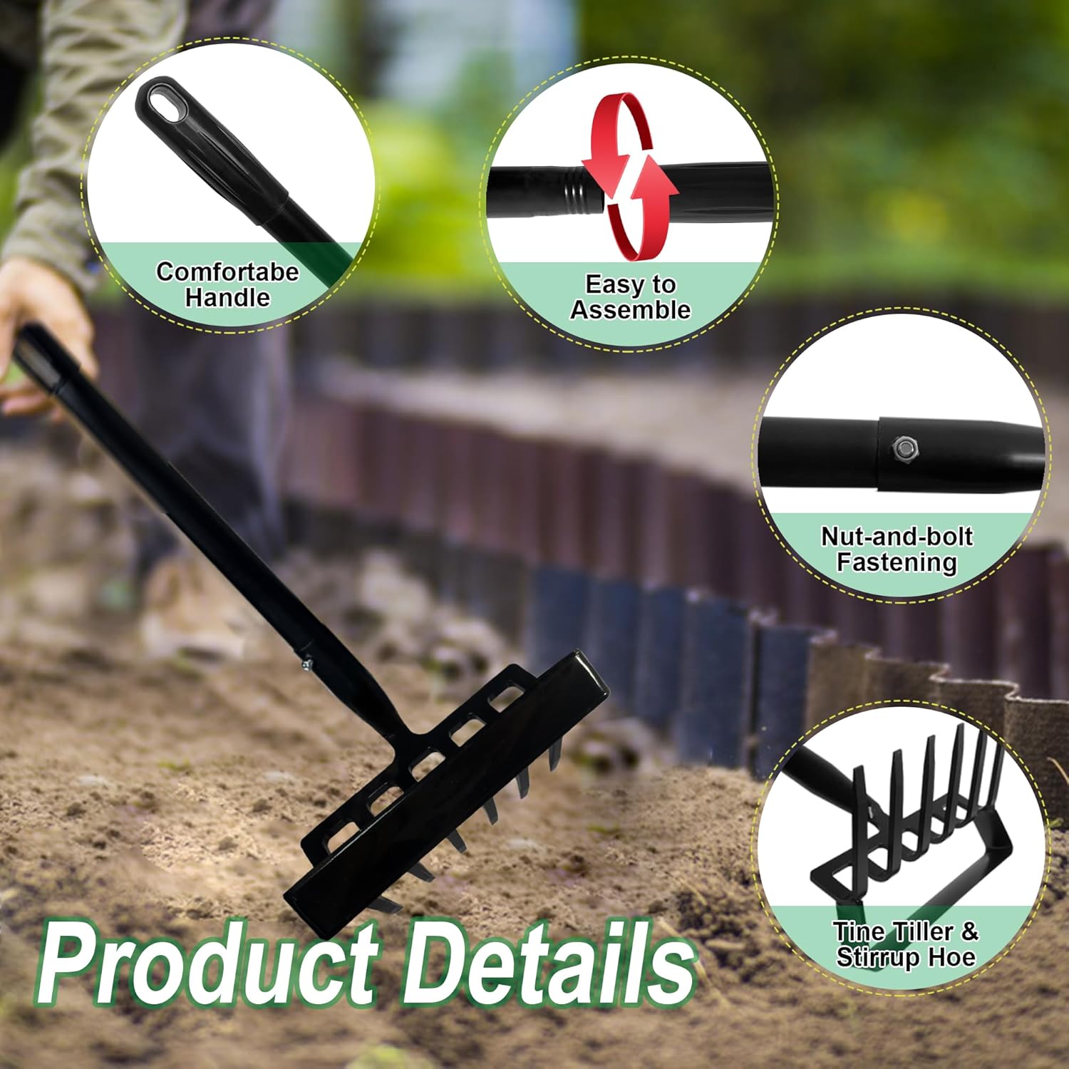 6-Tines Rake and Stirrup Hoe, Metal Garden Hula Hoes Tiller Rake Tool with Adjustable Long Handle, Action Scuffle Loop Hoe for Weeding, Digging, Loosening Soil