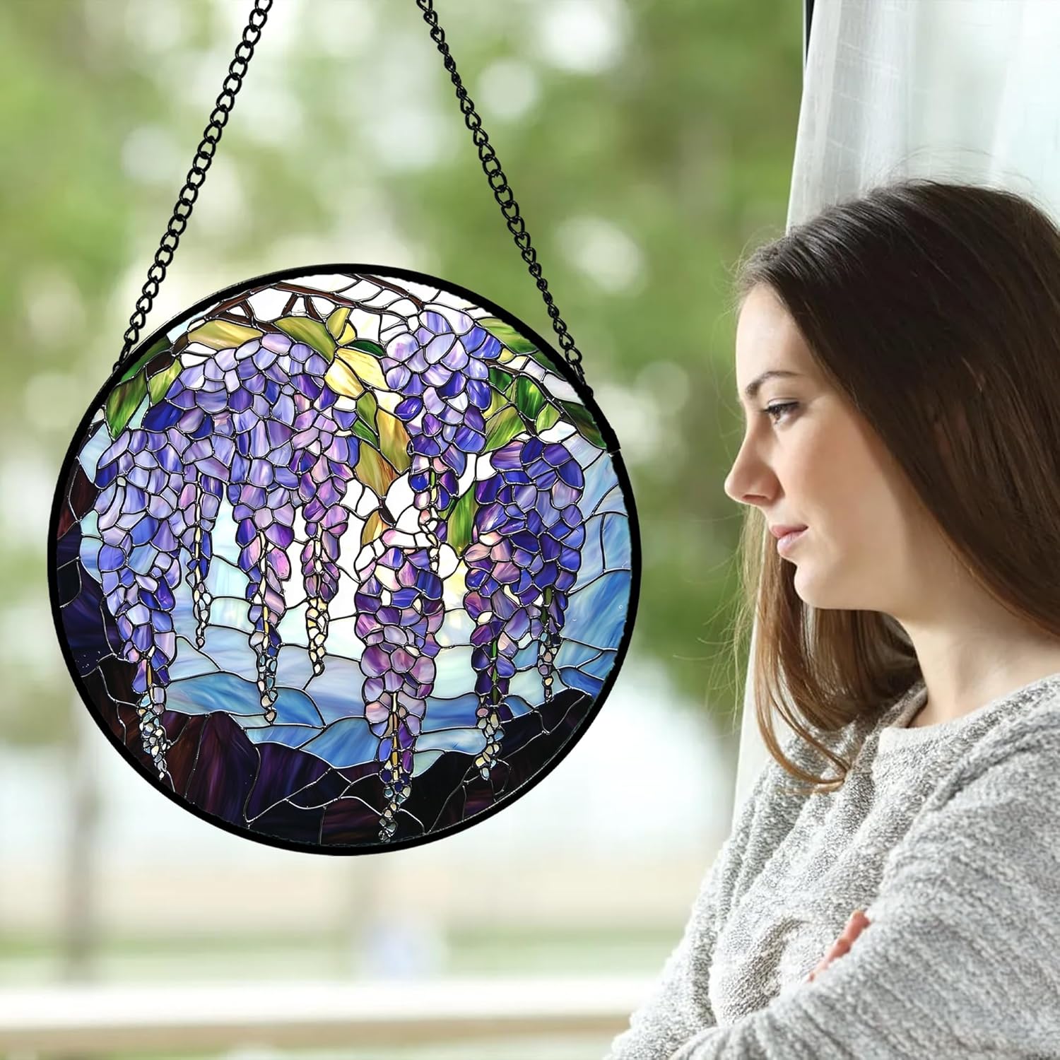 Stained Glass Window Hanging, Purple Wisteria Flowers Suncatcher for Doors Window Home Plant Sun Catchers Decoration Mother's Day Birthday Gifts for Women, Men, and Mom 6.3x6.3 in