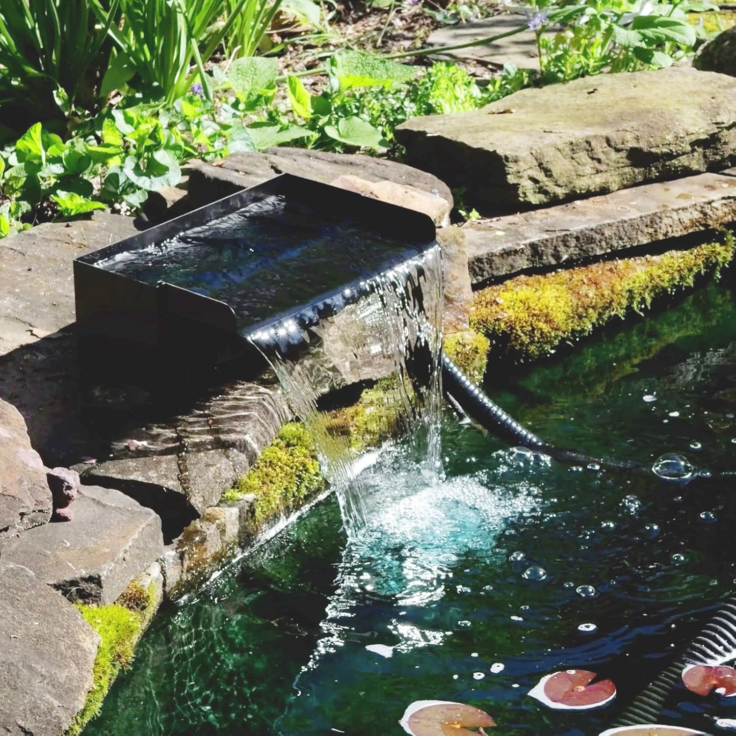 POPOSOAP Pond Waterfall with Pump Kit, 304 Stainless Steel Waterfall Spillway with 40W 660GPH Pump, Pond Spillway with 9.8FT Corrugated Tubing for Garden (12inch)-P43