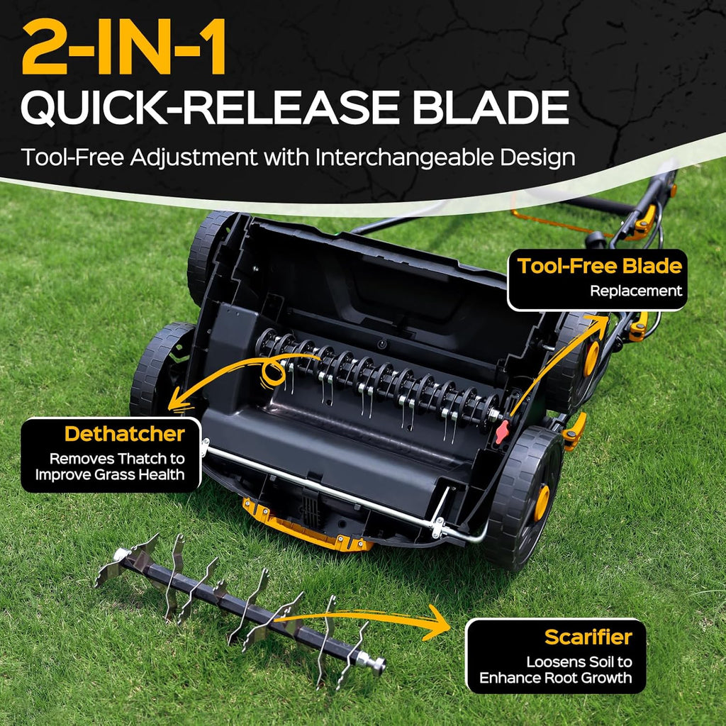 2025 Upgrade 16-Inch 15.5 Amp 2-in-1 Electric Dethatcher and Scarifier with 14.5-Gallon Collection Bag, Lawn Dethatcher with 5-Position Depth Adjustment, Keeps Lawn Healthy - Bold Yellow
