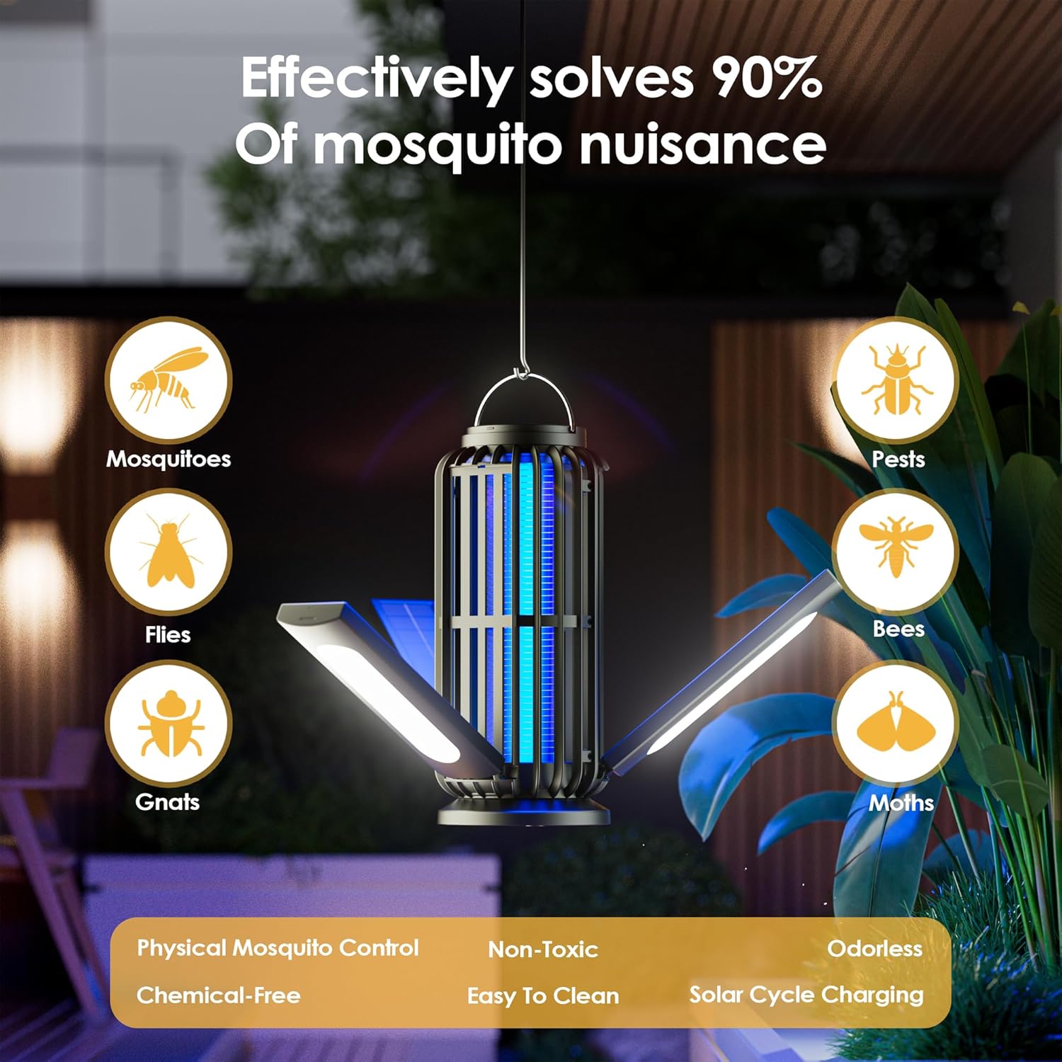 Bug Zapper 2 Pack, Solar Bug Zapper with 3 Solar Charging Panels, IP65 Waterproof Mosquito Zapper, 4200V Mosquito Zapper with LED Light, Outdoor Indoor AUTO ON/Off
