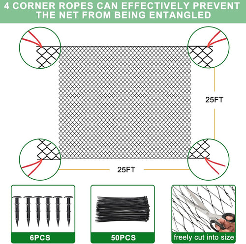 25'x25' Bird Netting for Chicken Coop, Nylon 3/4" Mesh Poultry Netting Chicken Net Roof Hawk, Aviary Net Deer Fence Pests Trellis Garden Nettings for Fruits Trees Plant