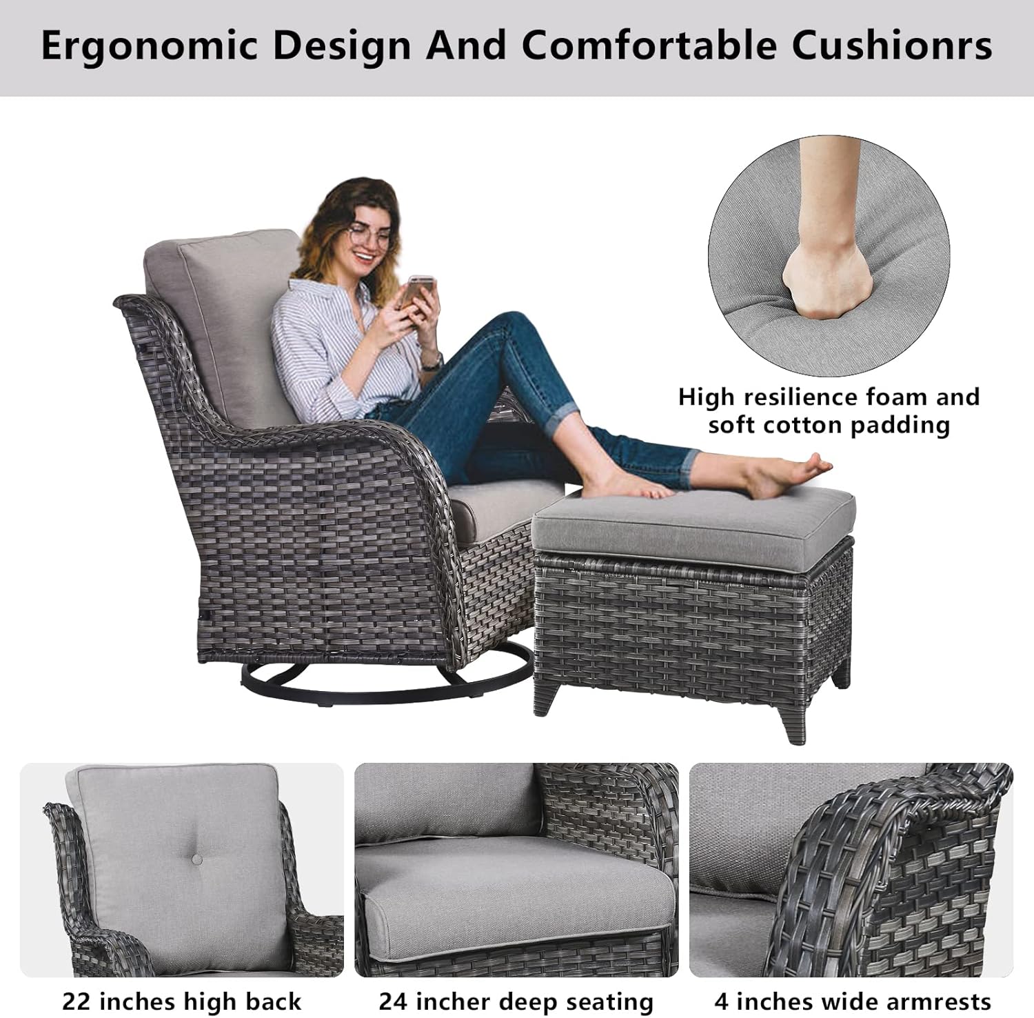 Wicker Patio Furniture Sets - 13 Piece Outdoor Rattan Furniture Conversation Sets with 4 Swivel Rocker Chairs, 2 Rattan Sofas, Wicker Ottomans and Coffee Table, Mixed Grey/Grey