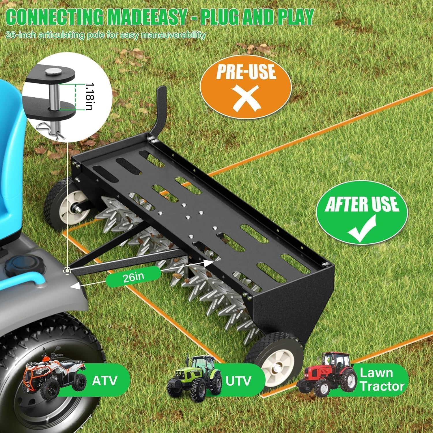 Doniks 40-Inch Tow Behind Plug Aerator with Transport Wheels, Lawn Aerator Tow Behind with Galvanised Steel Tines and Extra-Wide Tow Bar, Pull Behind Aerator for Gardens, Lawns, Farms