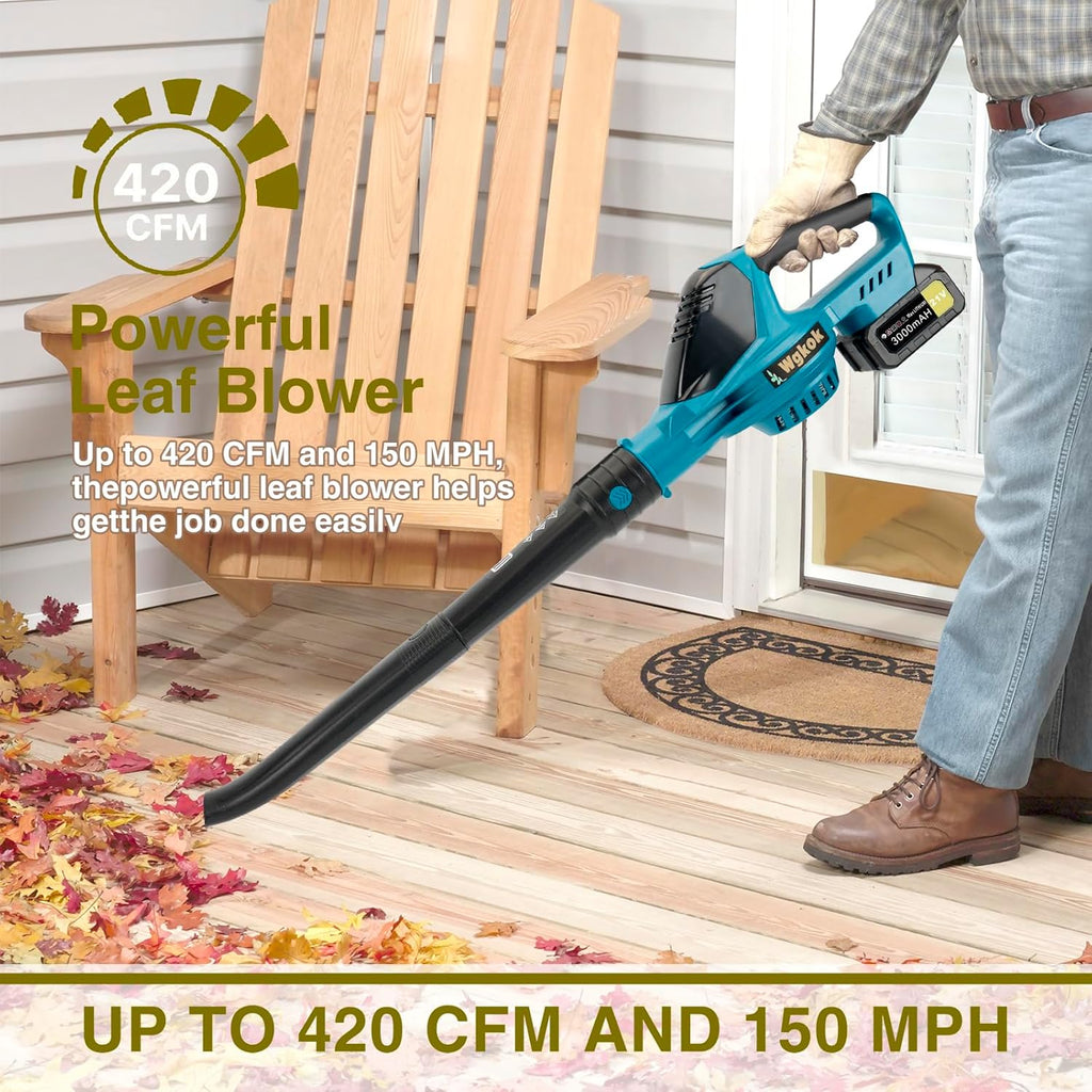 Wgkok Leaf Blower Cordless - 21V 5-Speed Mode Electric Cordless Leaf Blower with 2 Batteries and Charger, 2.0Ah Lightweight Battery Powered Leaf Blowers for Lawn Care, Patio, Blowing Leaves (Blue)