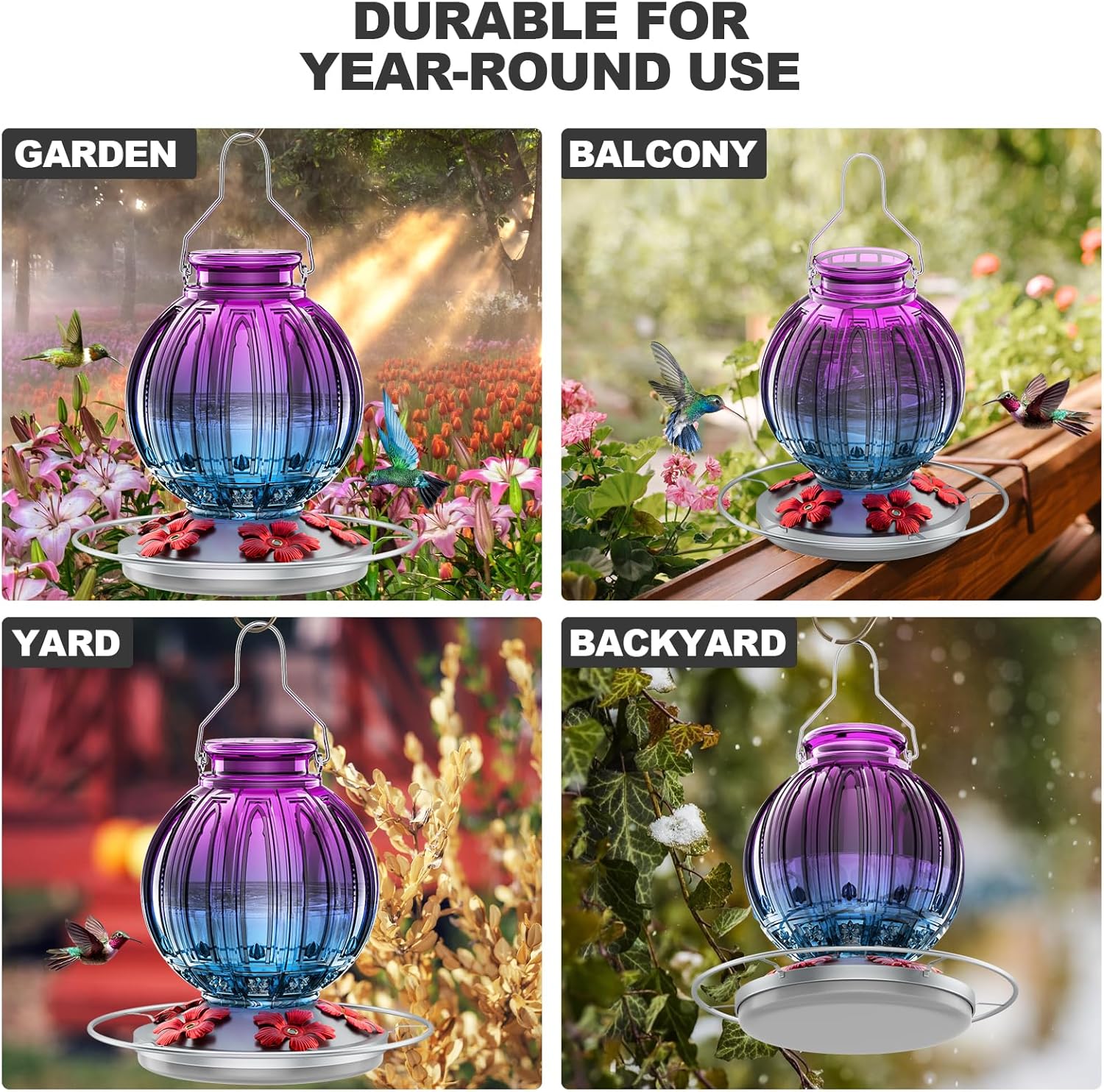 Glass Hummingbird Feeder for Outdoors Hanging, 26Oz Bird Nectar Feeder with Perch & 5 Flower Feeding Ports, Leak Proof for Outside Garden Decor Backyard, Gifts for Women Mom, Purple Blue