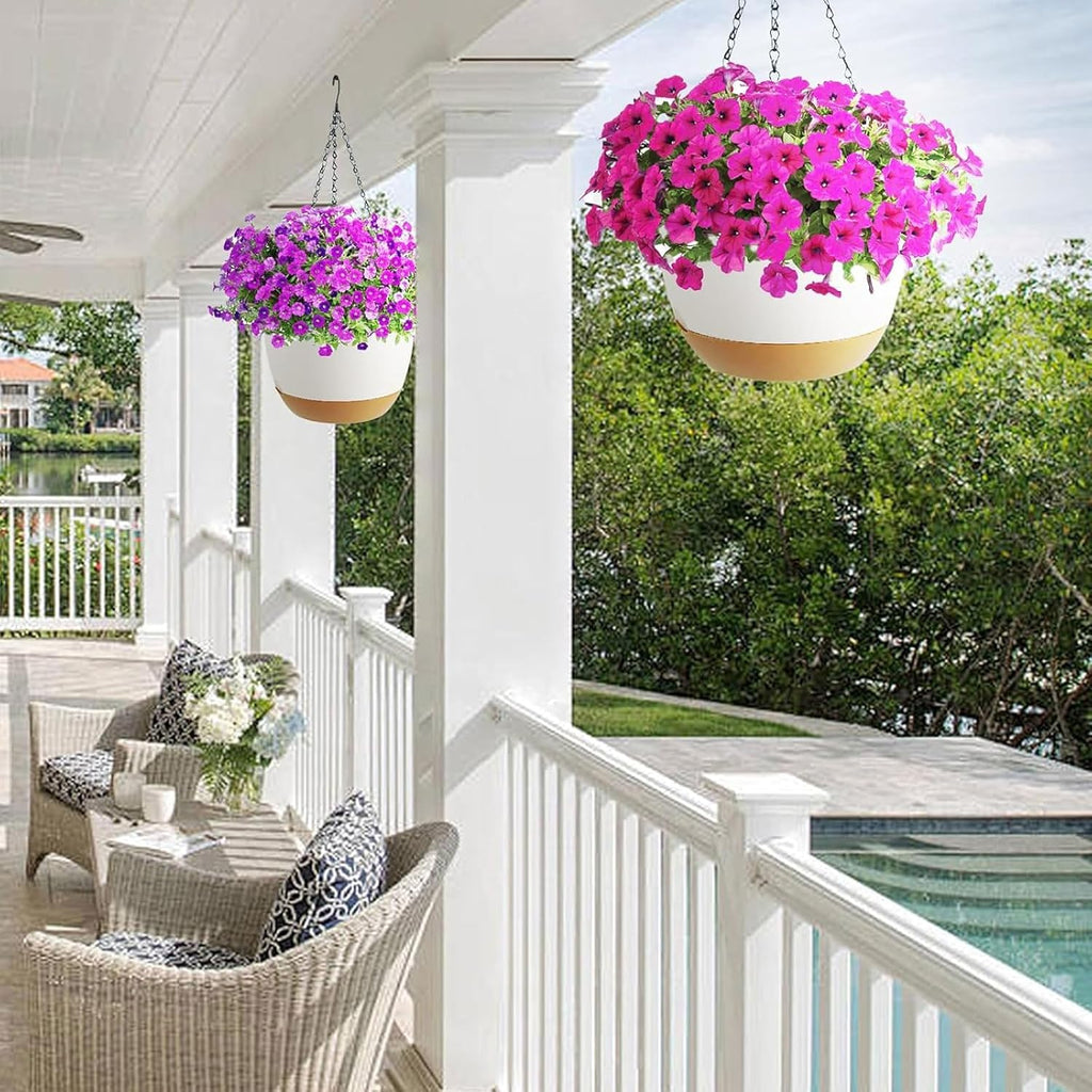 2 Pack Hanging Planters Set,10 Inch Indoor Outdoor Hanging Plant Pot Basket,Hanging Flower Pot with Drainage Hole with 3 Hooks for Garden Home(Purple Hanger White Planters)