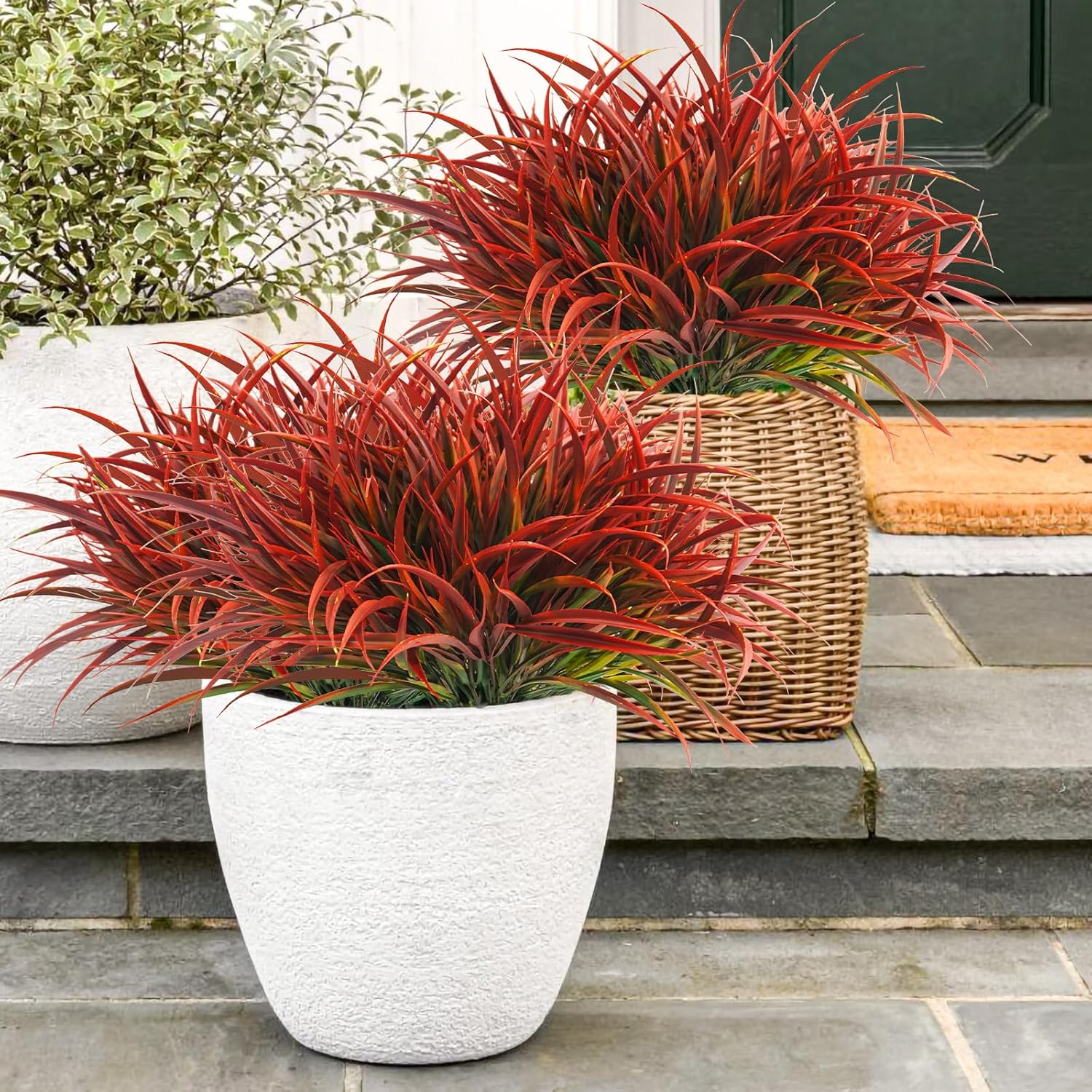 Uieke 12 Bundles Artificial Outdoor Plants UV Resistant Fake Grass Plants Faux Plastic Plants Greenery Shrubs for Home Garden Pathway Window Box Front Porch Cemetery Fall Decor, Autumn Red
