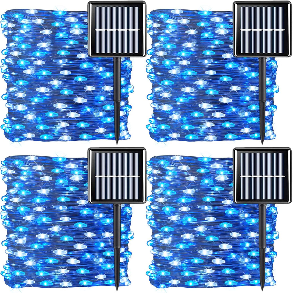 QITONG 4 Pack Blue and White Solar Fairy Lights, Each 33ft 100 LED Christmas String Light, 8 Modes Silver Wire Mini Twinkle Lighting for Tree Garden Yard Christmas