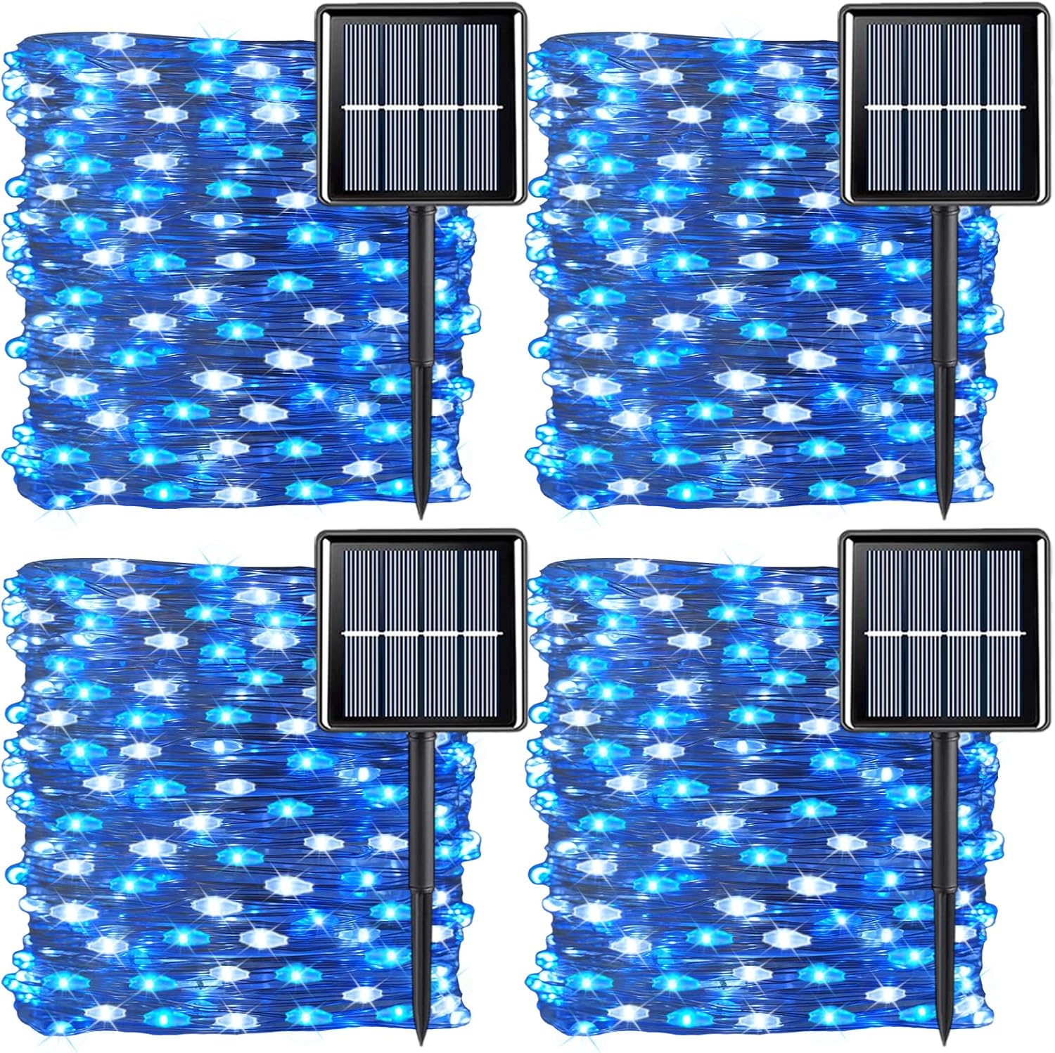 QITONG 4 Pack Blue and White Solar Fairy Lights, Each 33ft 100 LED Christmas String Light, 8 Modes Silver Wire Mini Twinkle Lighting for Tree Garden Yard Christmas