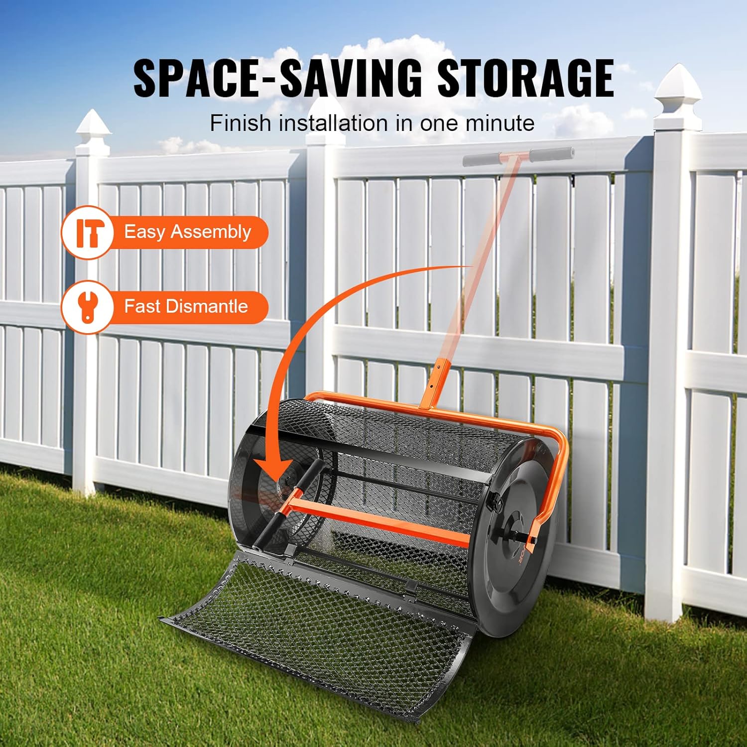 VEVOR Compost Spreader, 24.4-25.6" Height Adjustable Handle, 24" Wide, Lawn and Garden Peat Moss Roller with Side Latches, Powder Coated Steel Mesh Basket for Spreading Manure, Topsoil, Black
