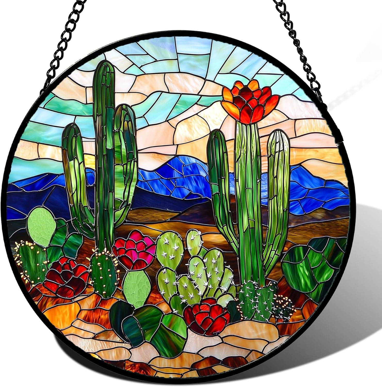 Stained Glass Window Hanging, Green Cactus Suncatcher for Doors Window Home Plant Landscape Sun Catchers Decoration Mother's Day Birthday Gifts for Women, Men, and Mom 9.8 in