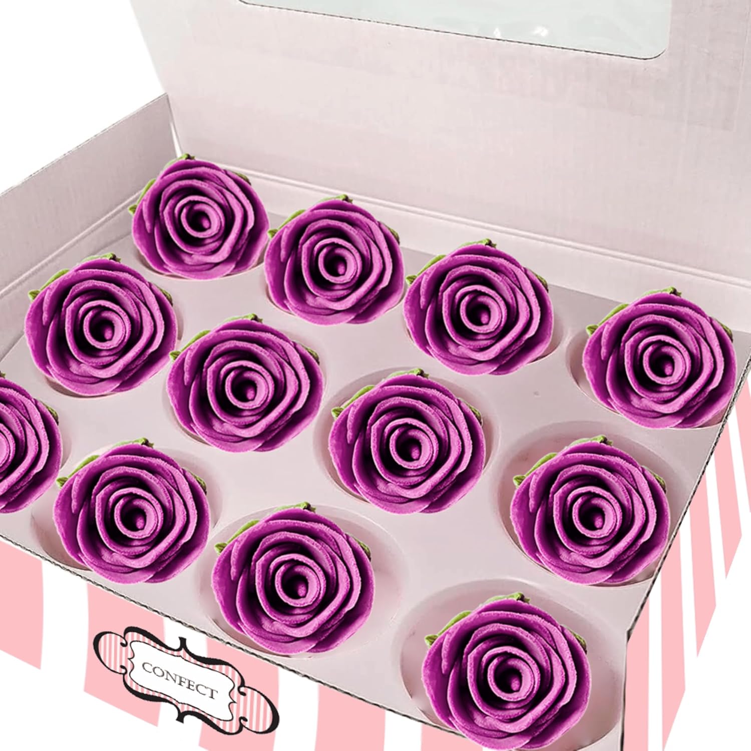 Confect Edible Rose Cake Toppers For Cupcakes & Doughnut Edible Toppers Roses for Cake Decorations - Fuchsia Pink | Vegan, Gluten-Free, Soy-Free, Dairy-Free, Palm Oil-Free -Pack of 12