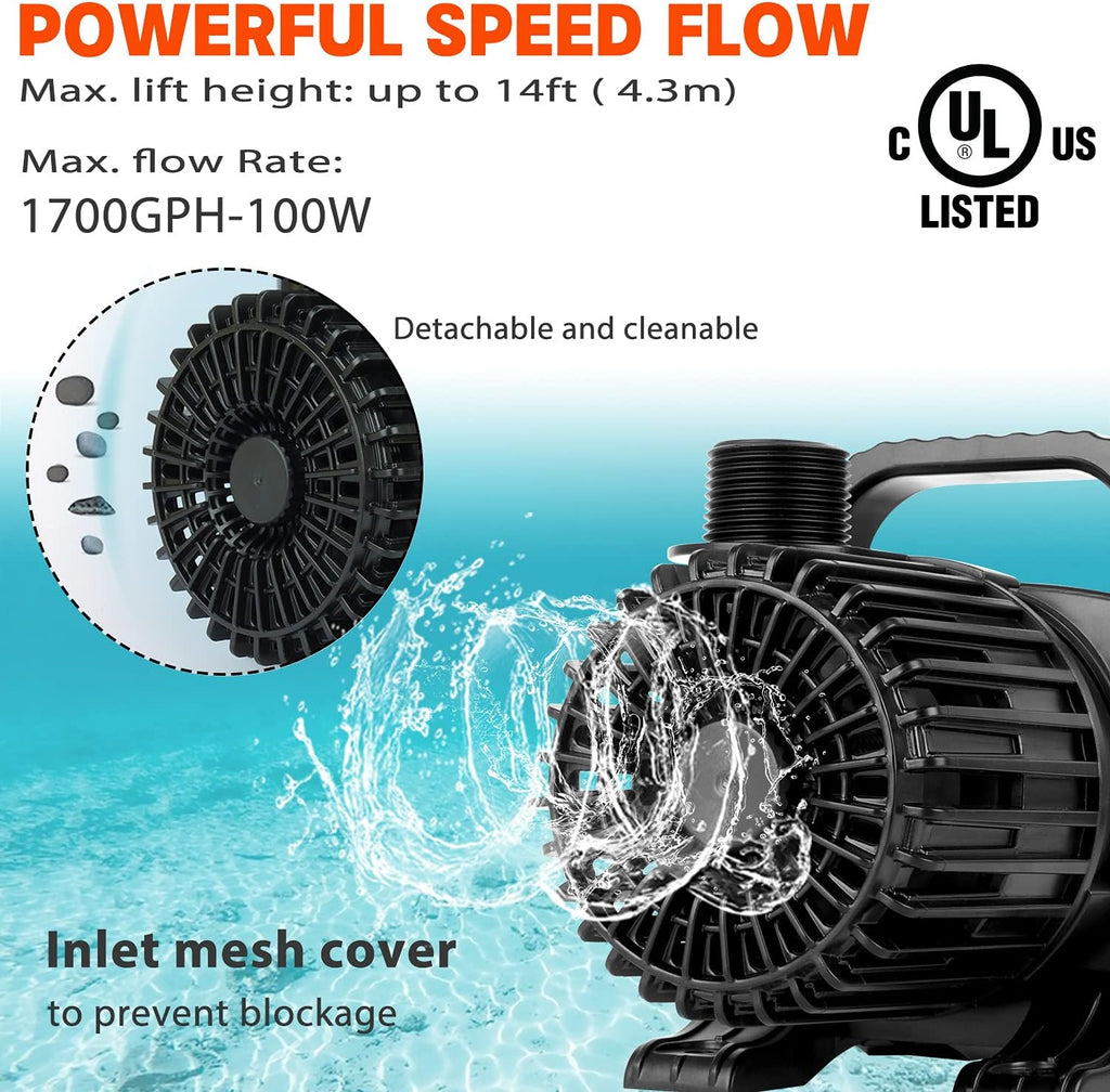 WaterRebirth (1700GPH-120W,UL listed) Large Fountain Submersible Water Pond Sump Pump Aquarium Electric Waterfall Pump Outdoor PS-1700