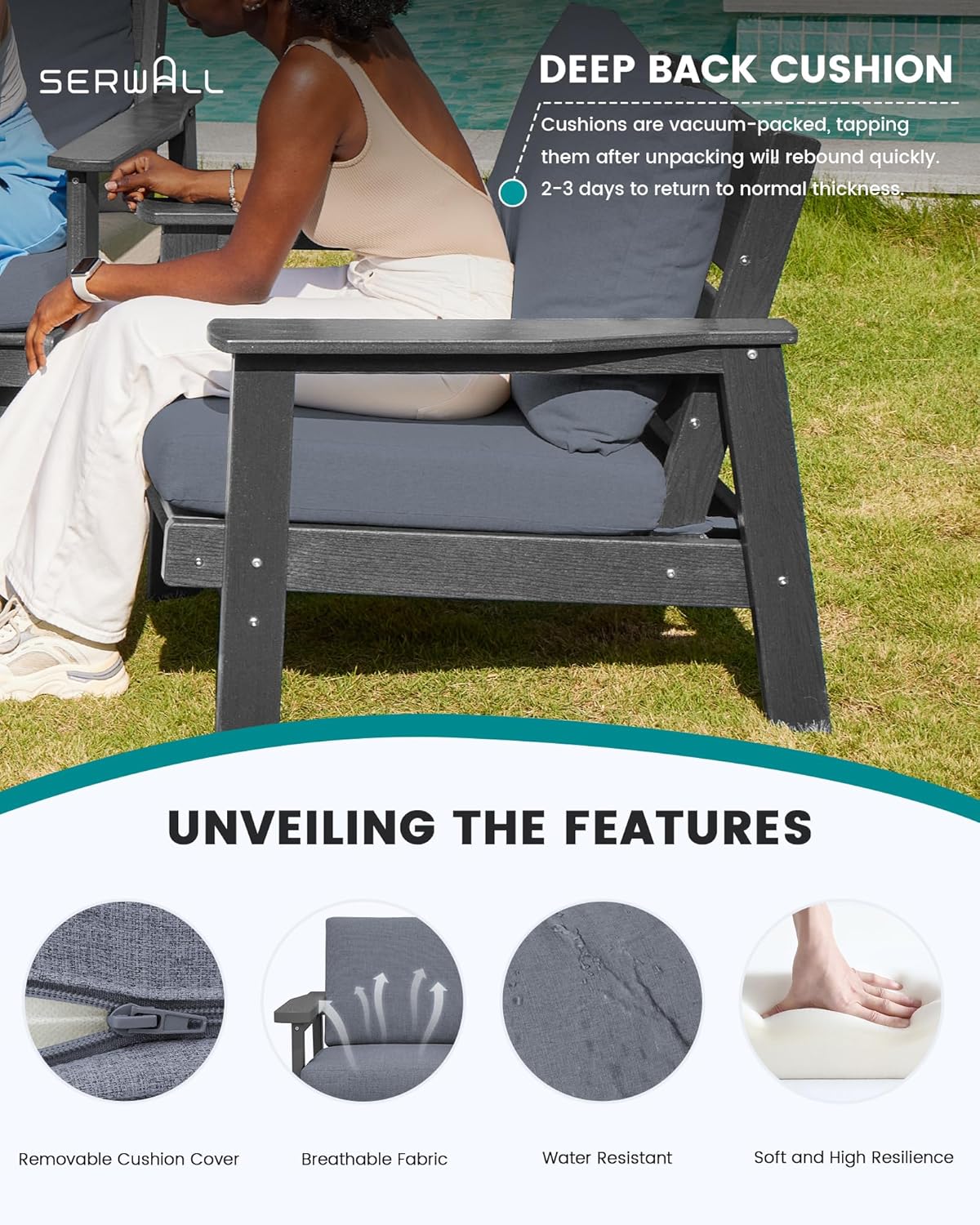 SERWALL HDPE Patio Furniture Set with 15FT Double Side Patio Umbrella, All Weather Wood-Like Outdoor Sofa Sectional Couch, Grey Patio Furniture with Grey Cushions