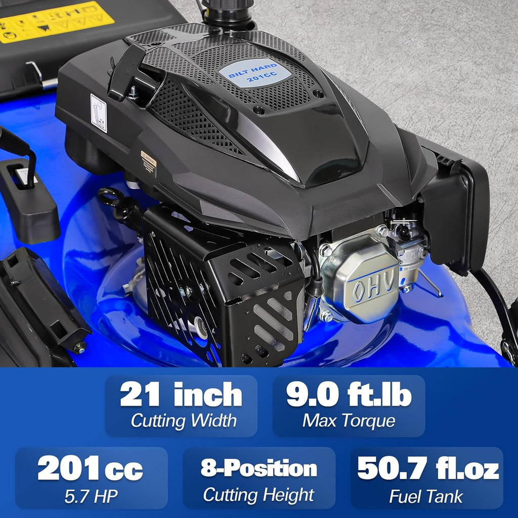 BILT HARD 21 Inch 201cc 4-Cycle Engine Push Lawn Mower, 3-in-1 Gas Lawn Mower with Bagging, Mulching and Side Discharge, Easy Start with Adjustable 8-Positions Cutting Height for Lawn, Yard, Garden