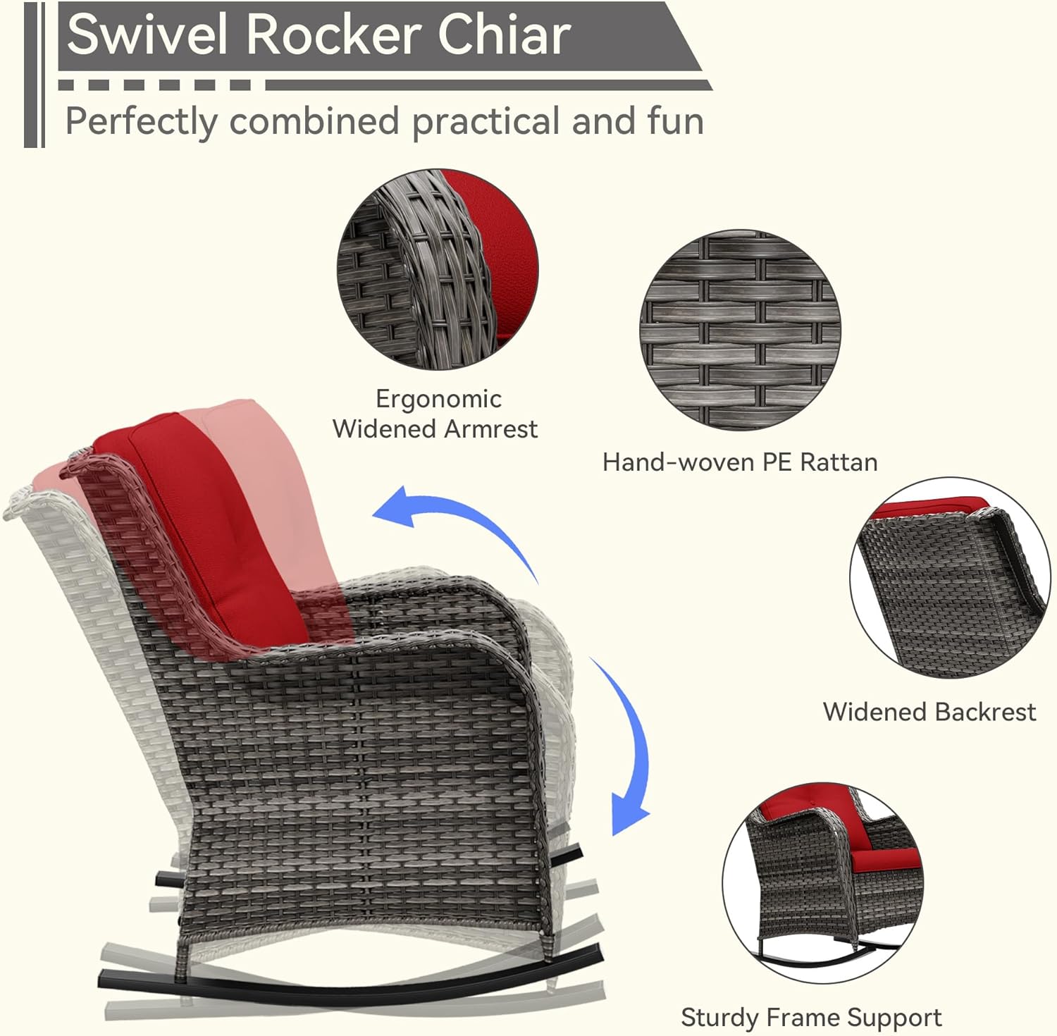 1 PC Outdoor Rocking Chair, Wicker Patio Rocker Chair for Yard, Porch, Mixed Brown Grey Rattan, Red Cushions