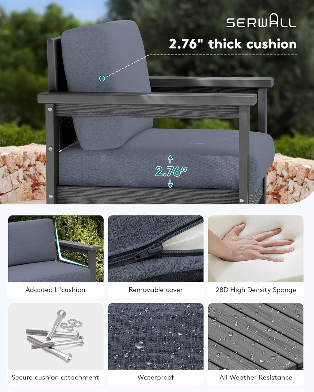 SERWALL 4 Pieces HDPE Outdoor Sofa Set with Cushion, All Weather Use Conversation Couch Set, Outdoor Loveseat Social Furniture with Coffee Table and Cushions, Grey Frame with Grey Cushions