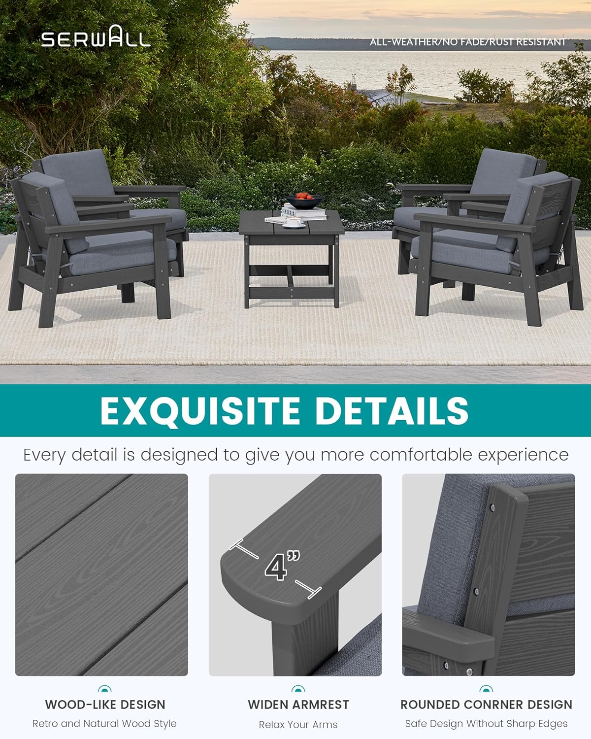 SERWALL Outdoor Patio Furniture Set, 5 Piece HDPE Patio Conversation Sets, All-Weather Wood-Like Outdoor Couch Loveseat and Coffee Table with Thick Cushions for Porch Balcony Garden Backyard