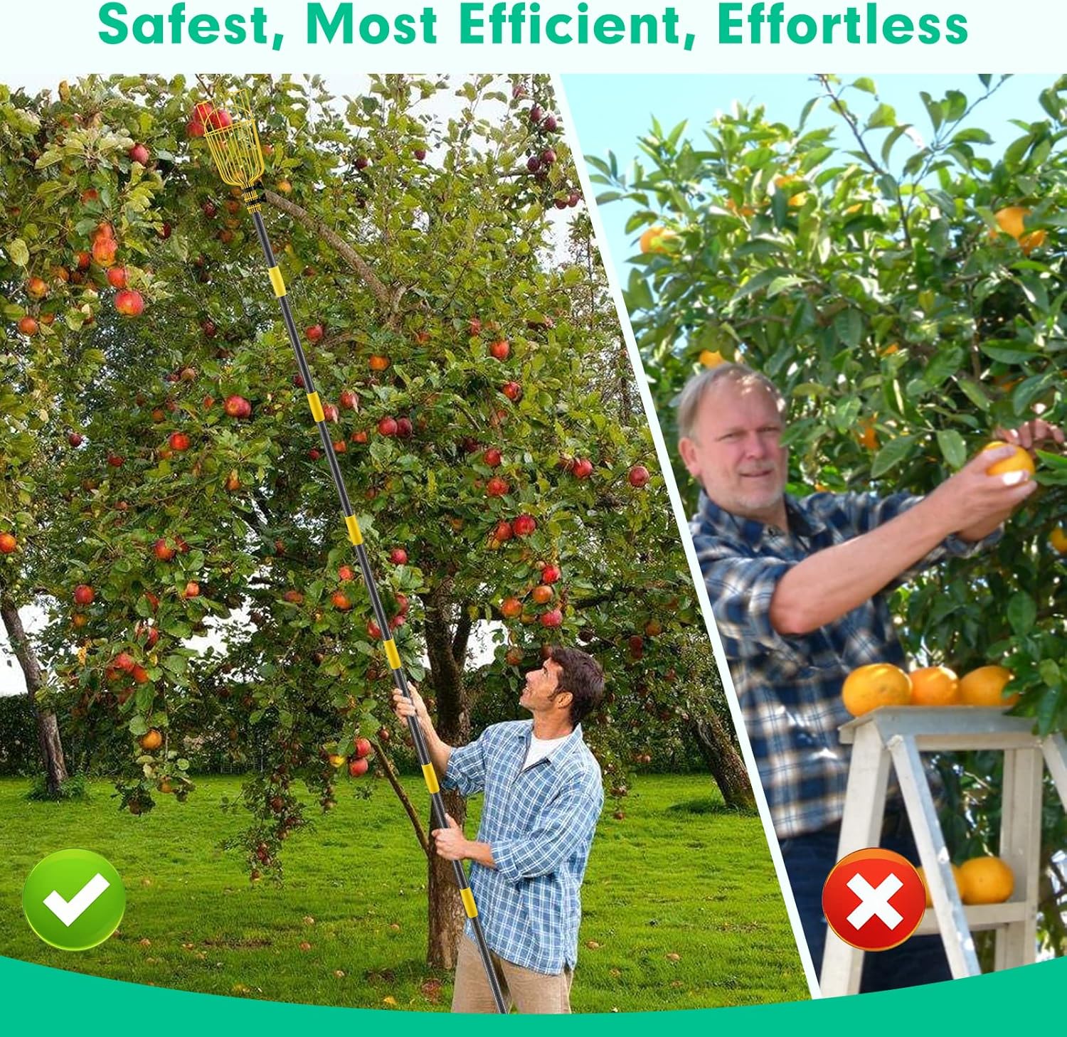 Fruit Picker, 66 Inch Long Heavy Duty Fruit Picker Tool with Fruit Basket, Adjustable Splicing Extension Fruit Picker Pole Fruit Picking Grabber
