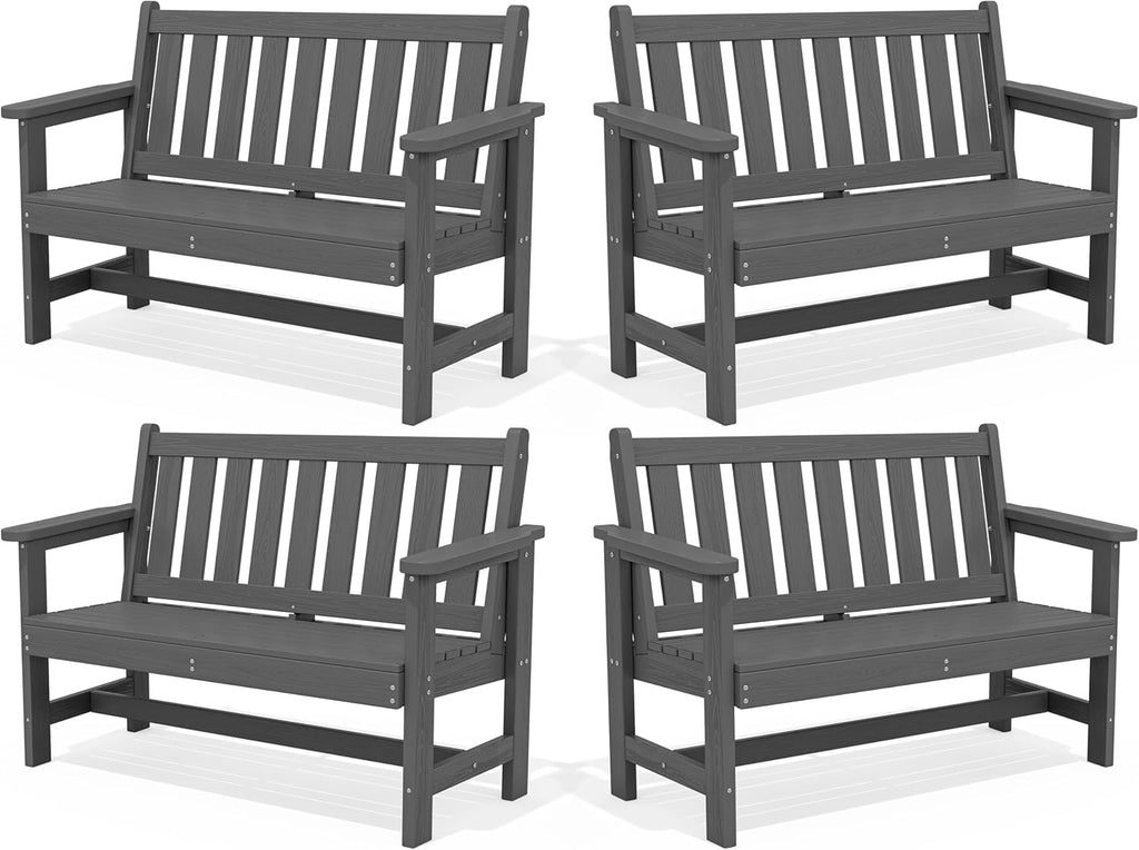 SERWALL Outdoor Bench, HDPE Outdoor Benches Weatherproof, 2-Person Garden Bench with 660 lbs Weight Capacity, Patio Benches for Outdoors, Garden, Porch, Backyard and Park, Grey, 4 Pack