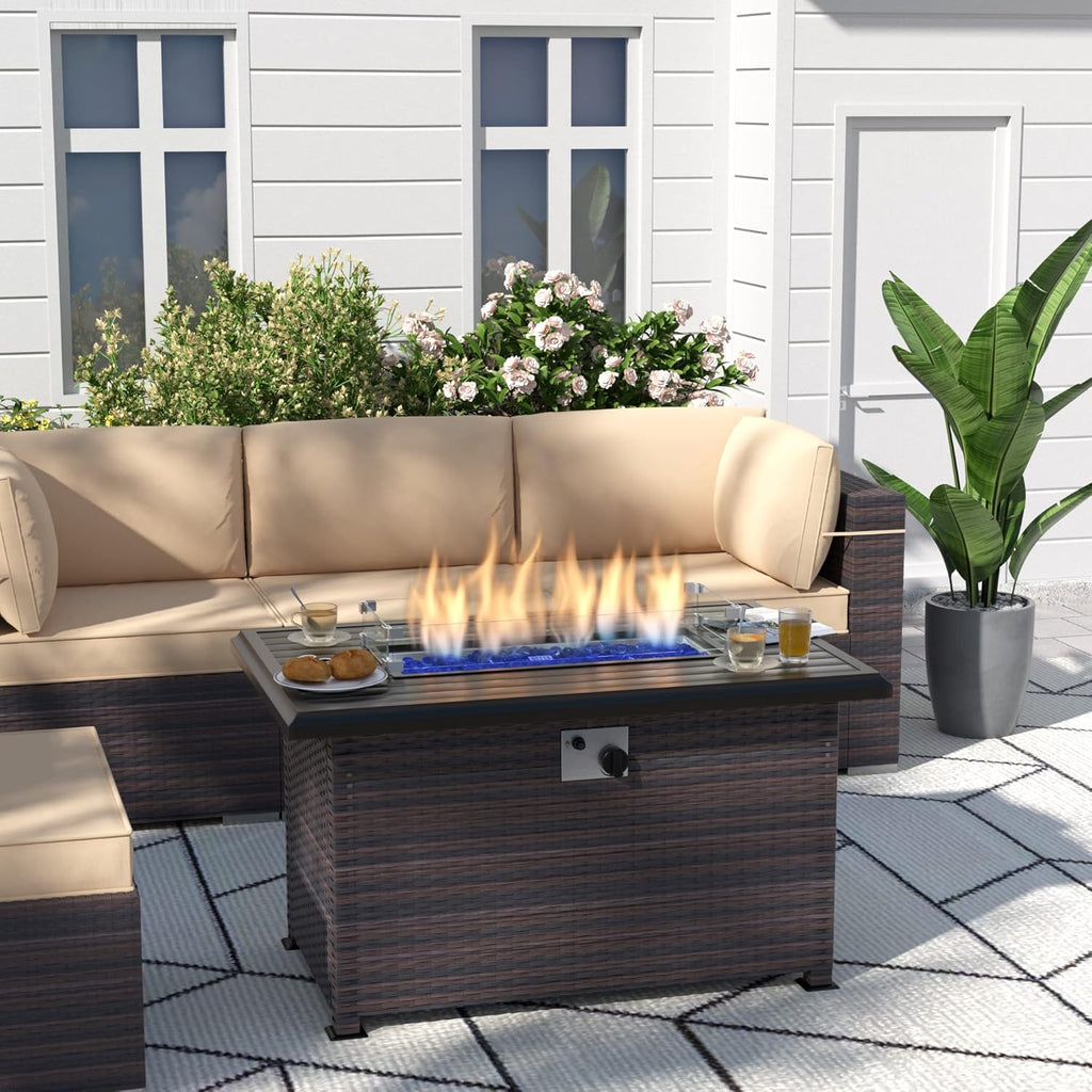 Kurapika Propane Fire Pit Table 43 Inch 55,000 BTU Auto-Ignition, CSA Certification Outdoor Rattan Gas Fire Pits with Slide Out Tank Holder, Outdoor Fire Tables Wider Desktop, Windshield and Lid