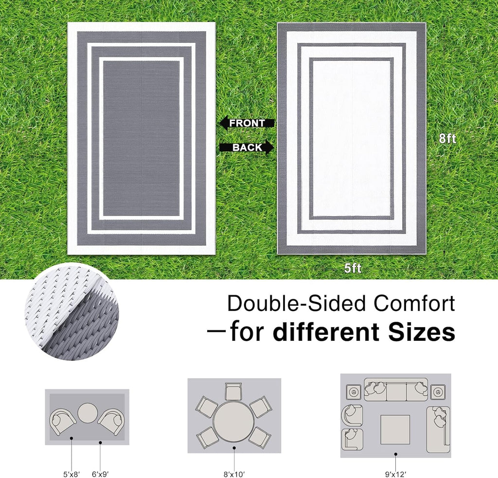 OLANLY Outdoor Rug 5x8 ft Waterproof, Reversible Outdoor Plastic Straw Rug, RV Mat, Indoor Outdoor Carpet Clearance for Patio, Camping, Balcony, Deck, Backyard, Grey & White
