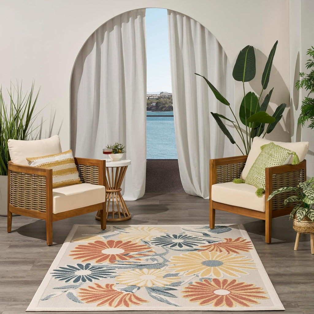 Nourison Aloha Ivory Rose 5'3" x 7'5" Area Rug - Easy Clean, Non Shedding, Bed Room, Living Room, Dining Room, Kitchen (5' x 8')