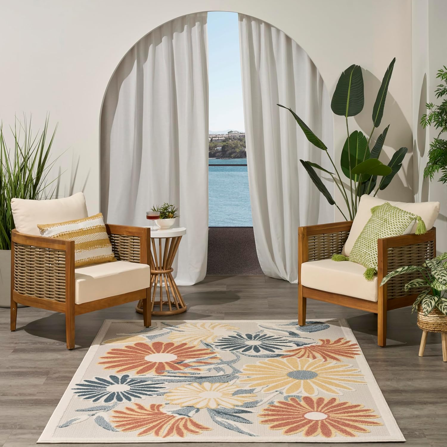 Nourison Aloha Ivory Rose 3'6" x 5'6" Area Rug - Easy Clean, Non Shedding, Bed Room, Living Room, Dining Room, Kitchen (4' x 6')