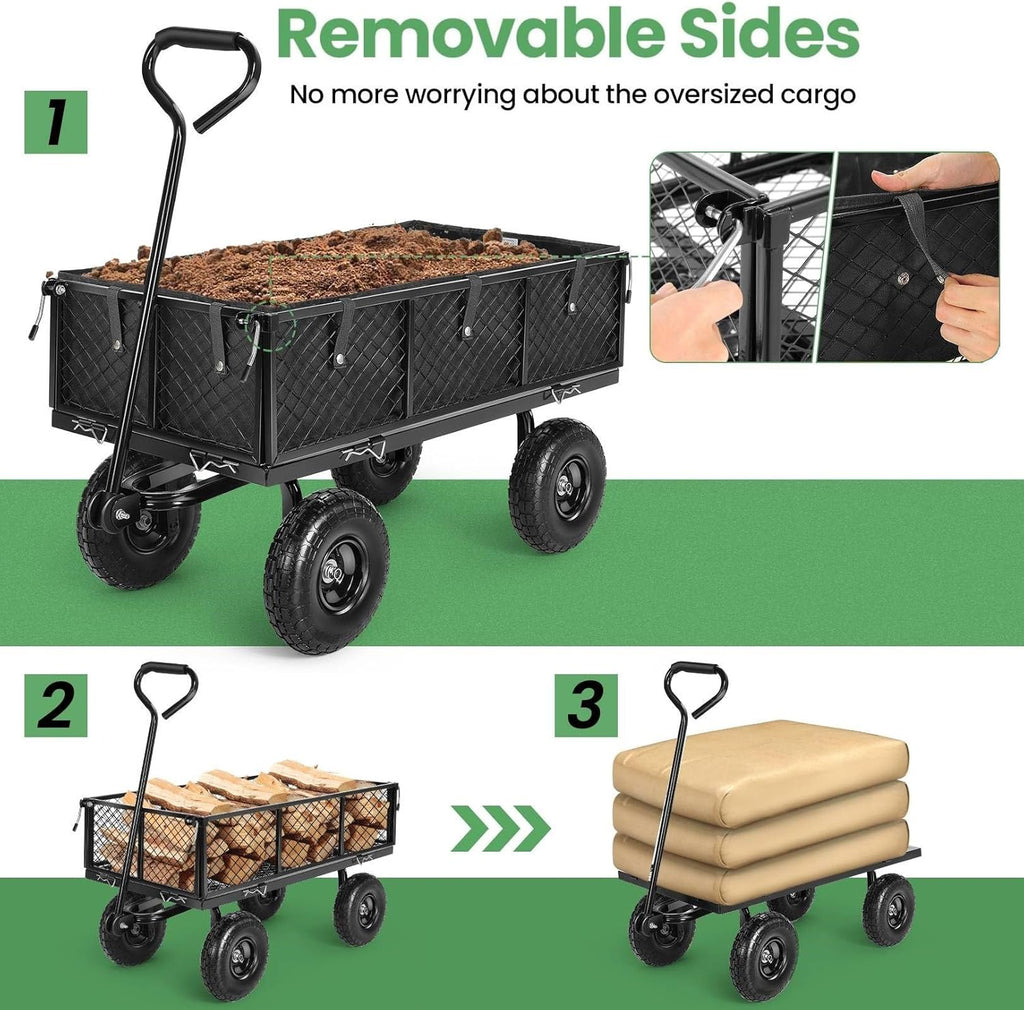 Homdox MAX 880LB Garden Cart, Heavy Duty Garden Wagon, Mesh Foldable Garden Cart, Pullable Gardens Wagon with 180° Rotating Handle, Collapsible Garden Carts for Yard Beach Farm, Black with Bag